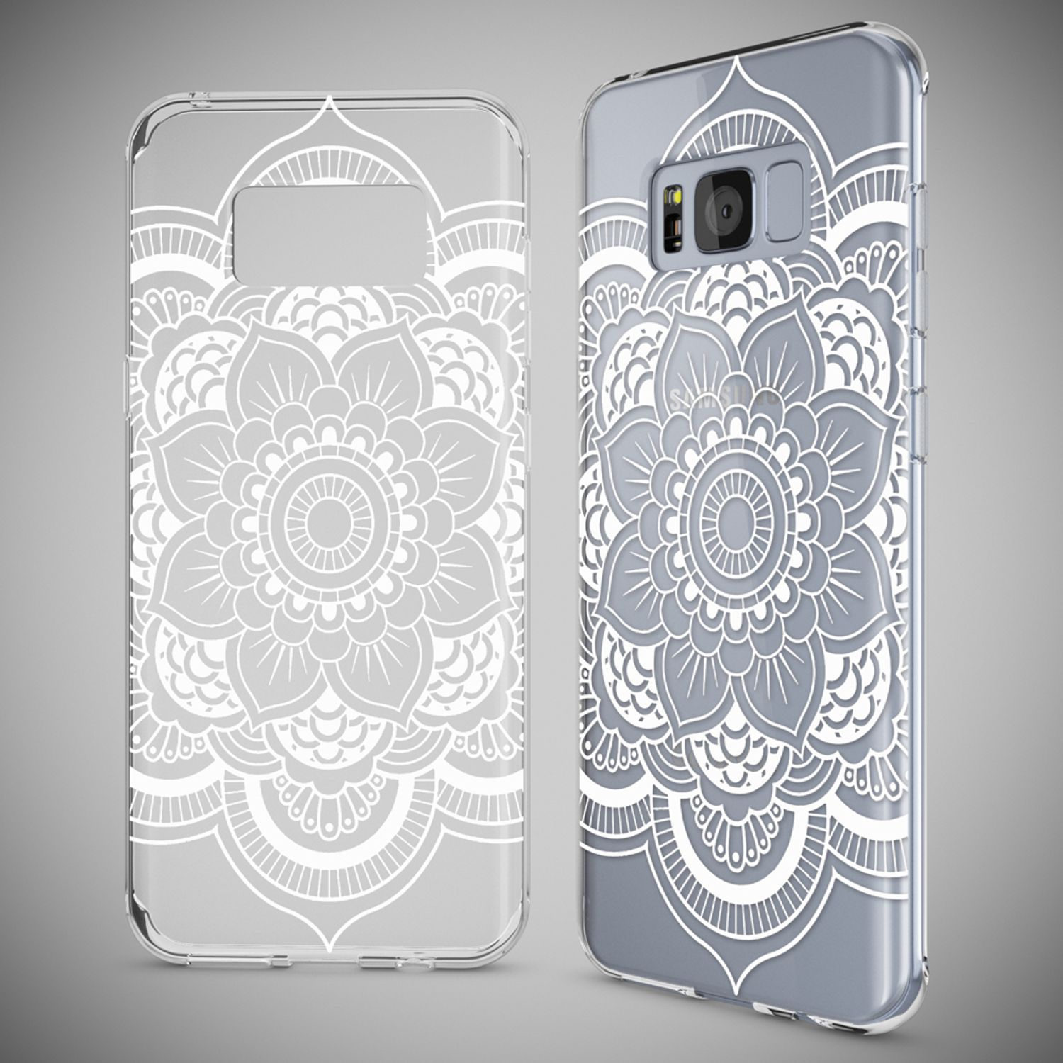 Zwei Handyhüllen, eine transparente, mit weißem Blumendesign auf grauem Hintergrund.