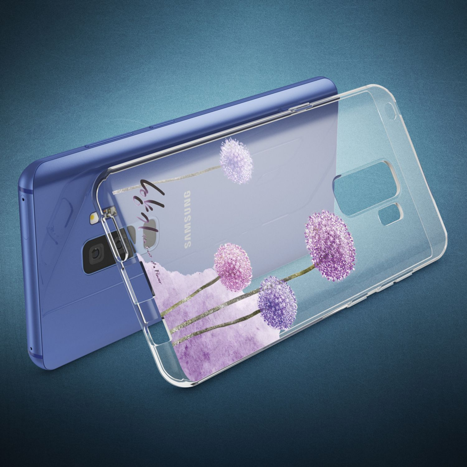 Blaues Telefon mit durchsichtiger Hülle. Die Hülle hat ein lilafarbenes Blumendesign.