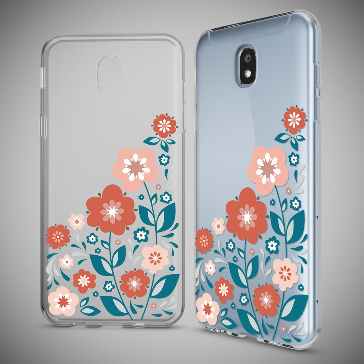 Zwei Handyhüllen mit floralem Design. Sie haben rote und pfirsichfarbene Blumen.