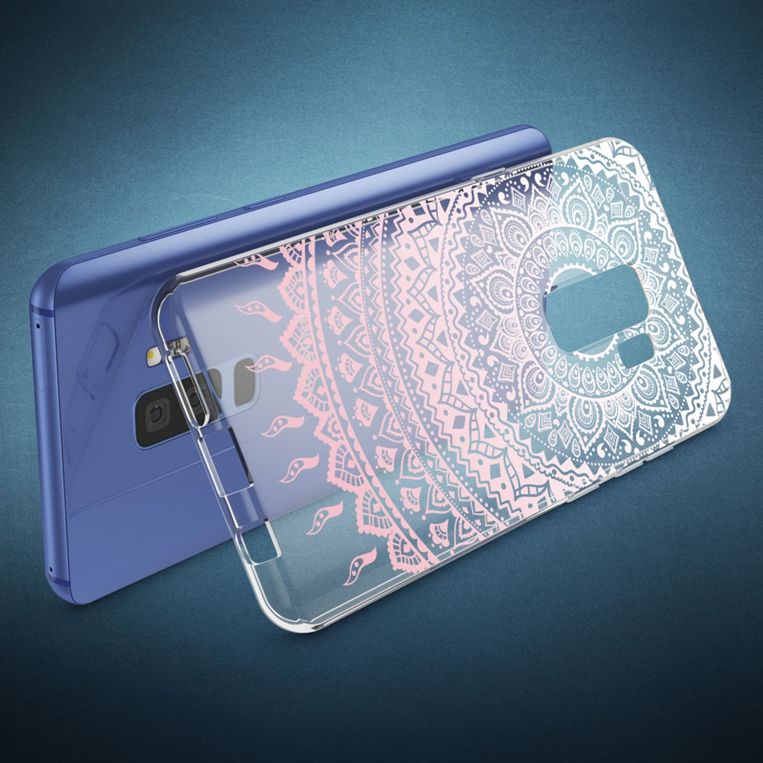 Blaues Telefon mit durchsichtiger Hülle. Die Hülle hat ein rosa-weißes Mandala-Design.