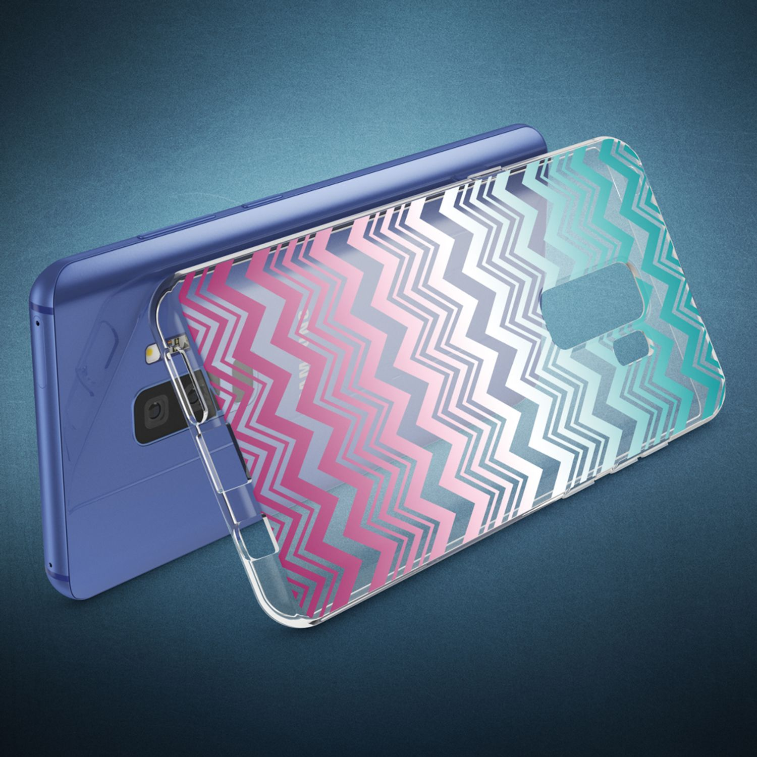 Blaues Telefon und gemusterte Handyhülle. Die Hülle hat ein Zickzackmuster in Pink, Grau und Türkis.