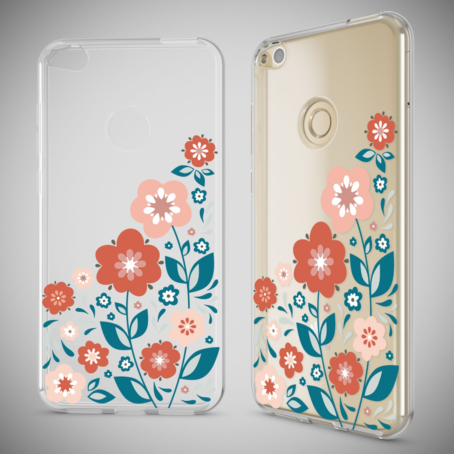 Ein Telefon in einer floralen Hülle. Die Hülle ist transparent mit roten und rosa Blüten.