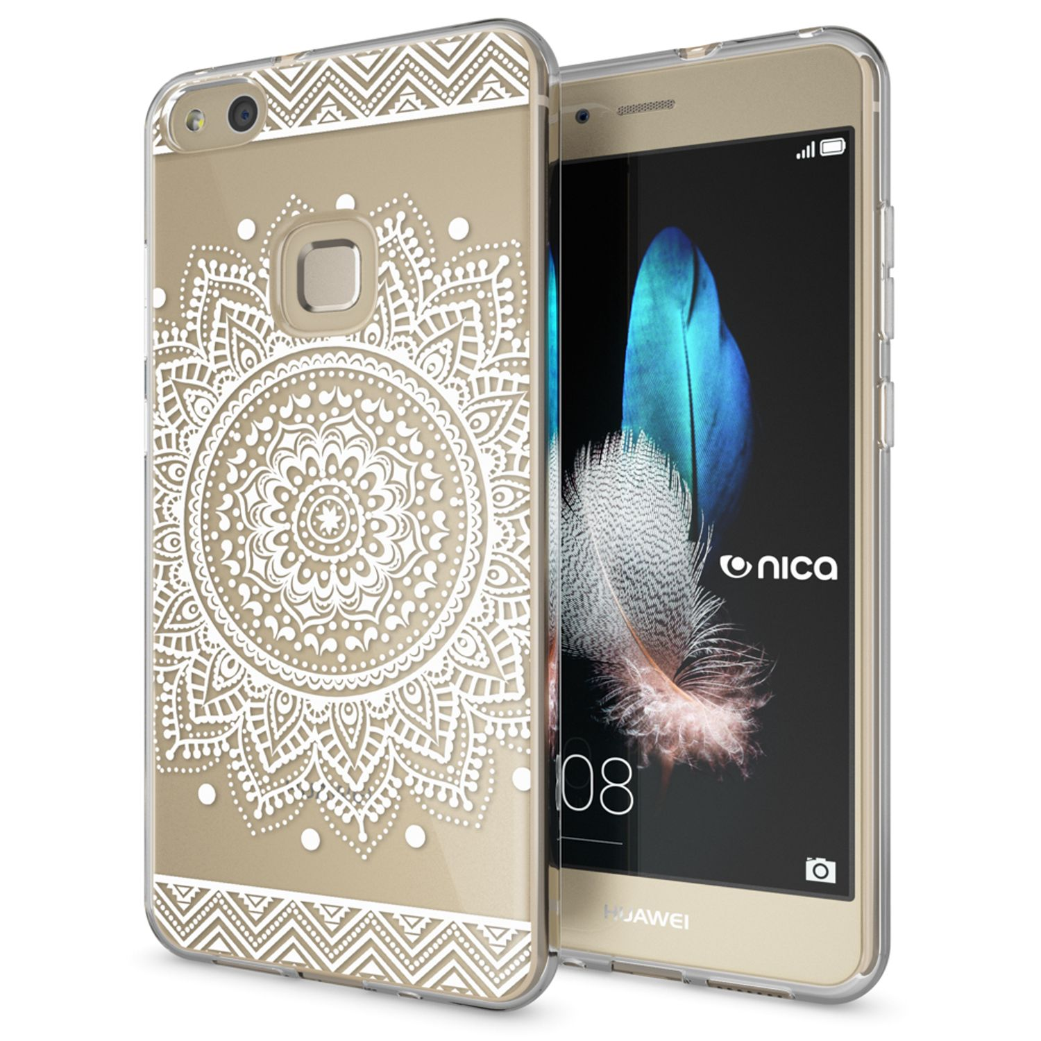 Funda de teléfono con un diseño de mandala blanco sobre fondo beige, junto a un teléfono dorado.