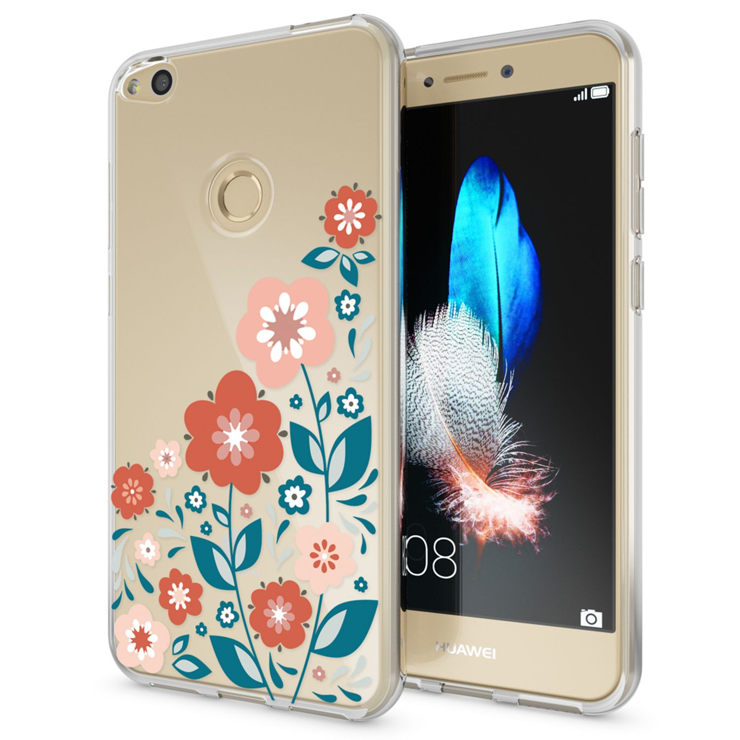 Transparente Handyhülle mit Blumendesign und Telefon.