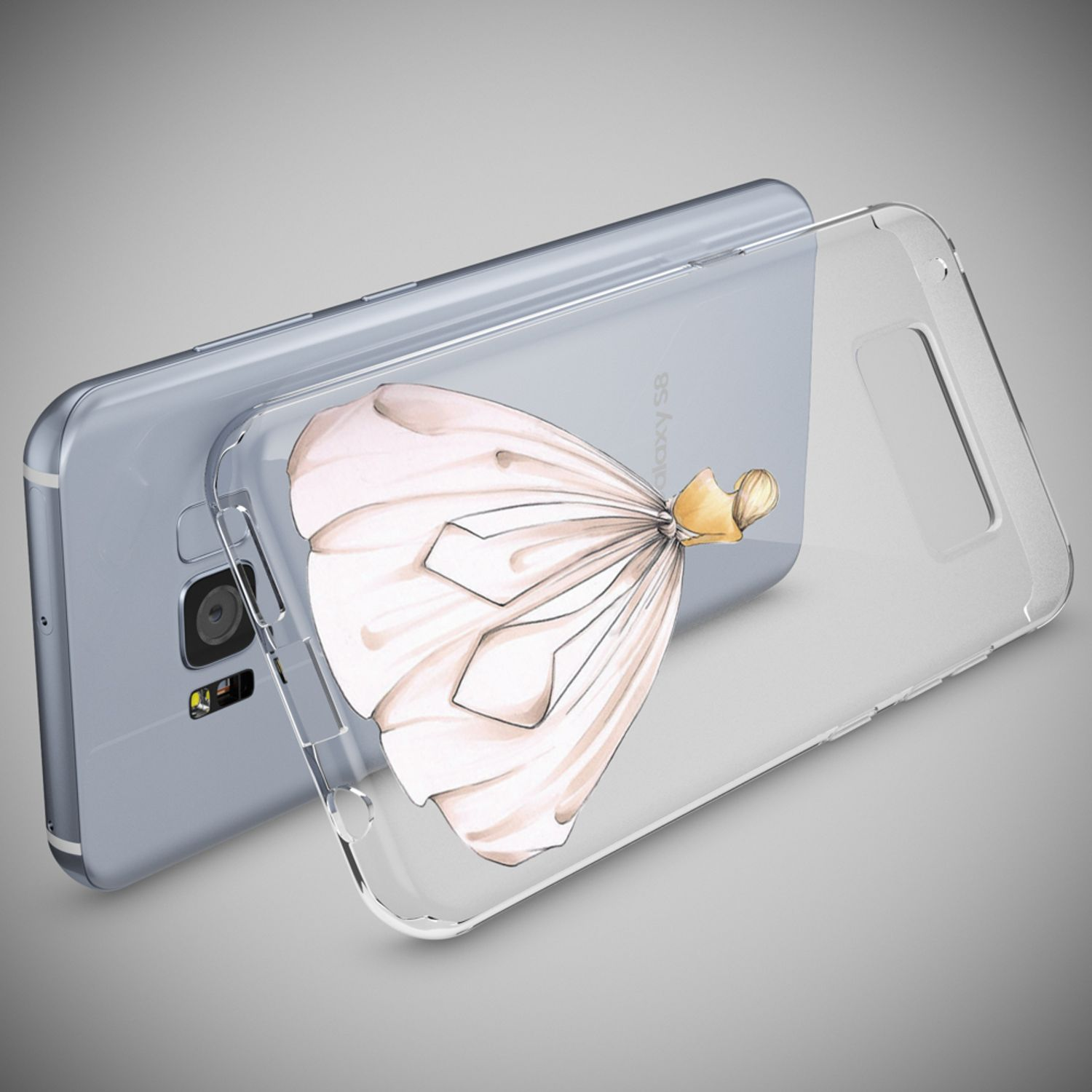 Telefon mit Hülle, Kleiderillustration, auf grauem Hintergrund.