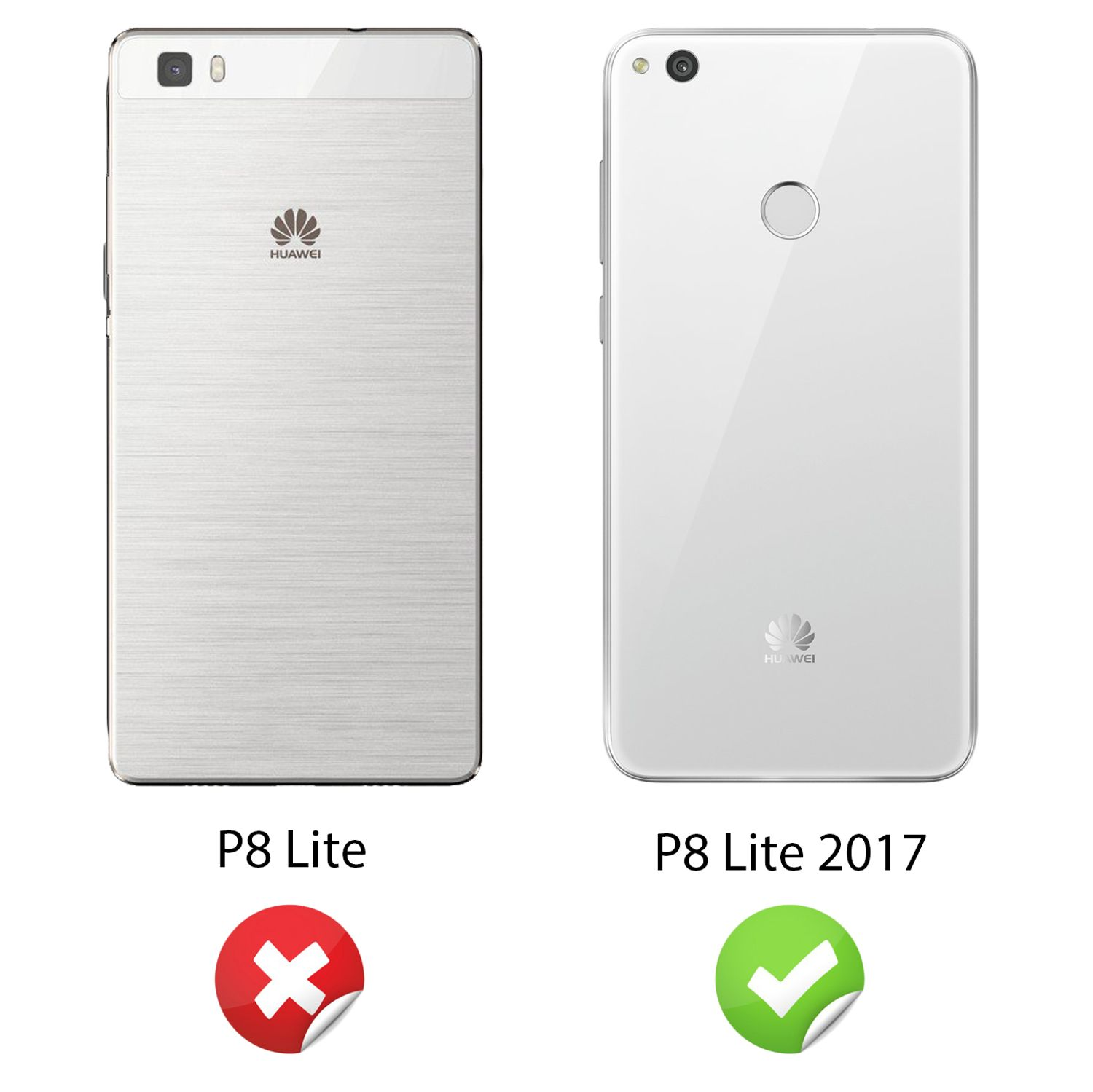 Zwei Telefone nebeneinander, eines mit P8 Lite-Design und das andere mit P8 Lite 2017-Design.