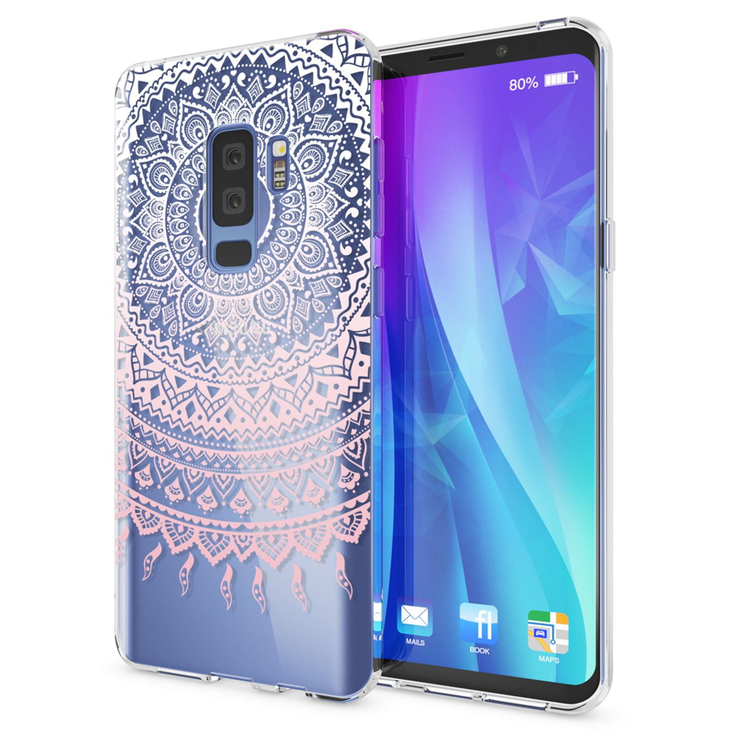 Telefon mit durchsichtiger Hülle. Die Hülle hat ein Mandala-Muster. Der Bildschirm zeigt eine farbenfrohe Grafik.