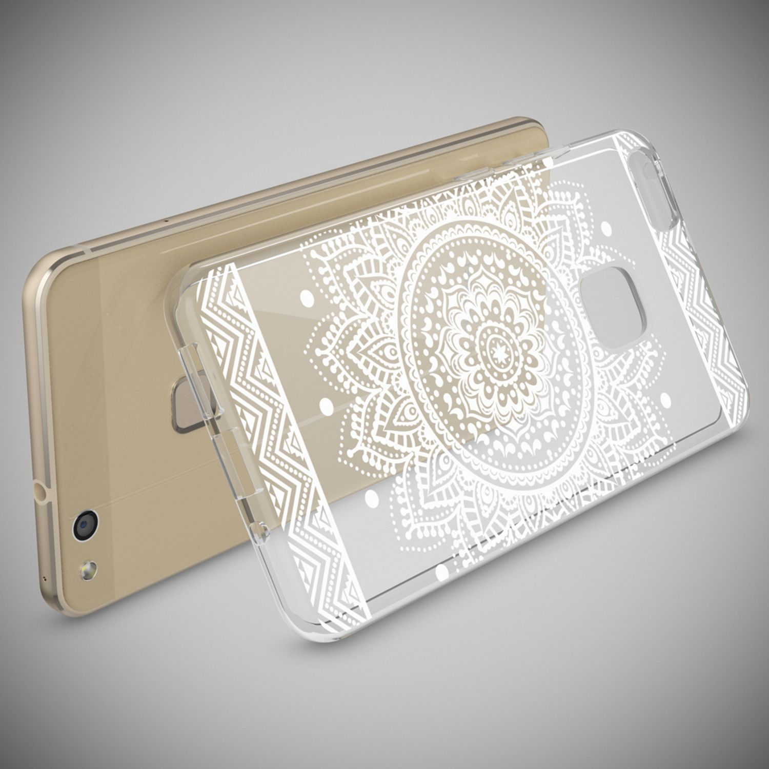Una funda de teléfono con un diseño de mandala blanco sobre un teléfono beige. El fondo es gris.