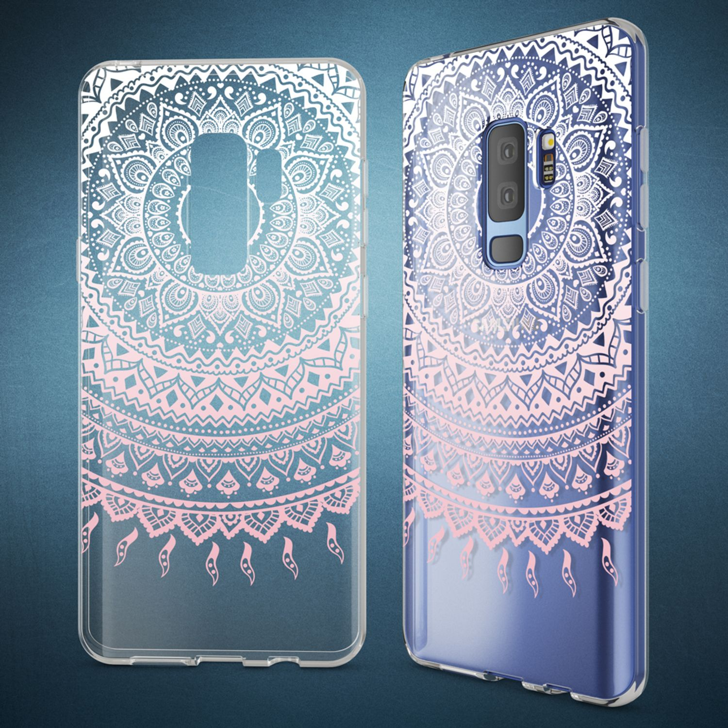 Zwei Handyhüllen mit farbenfrohen Mandala-Designs. Eine transparent, eine auf blauem Hintergrund.