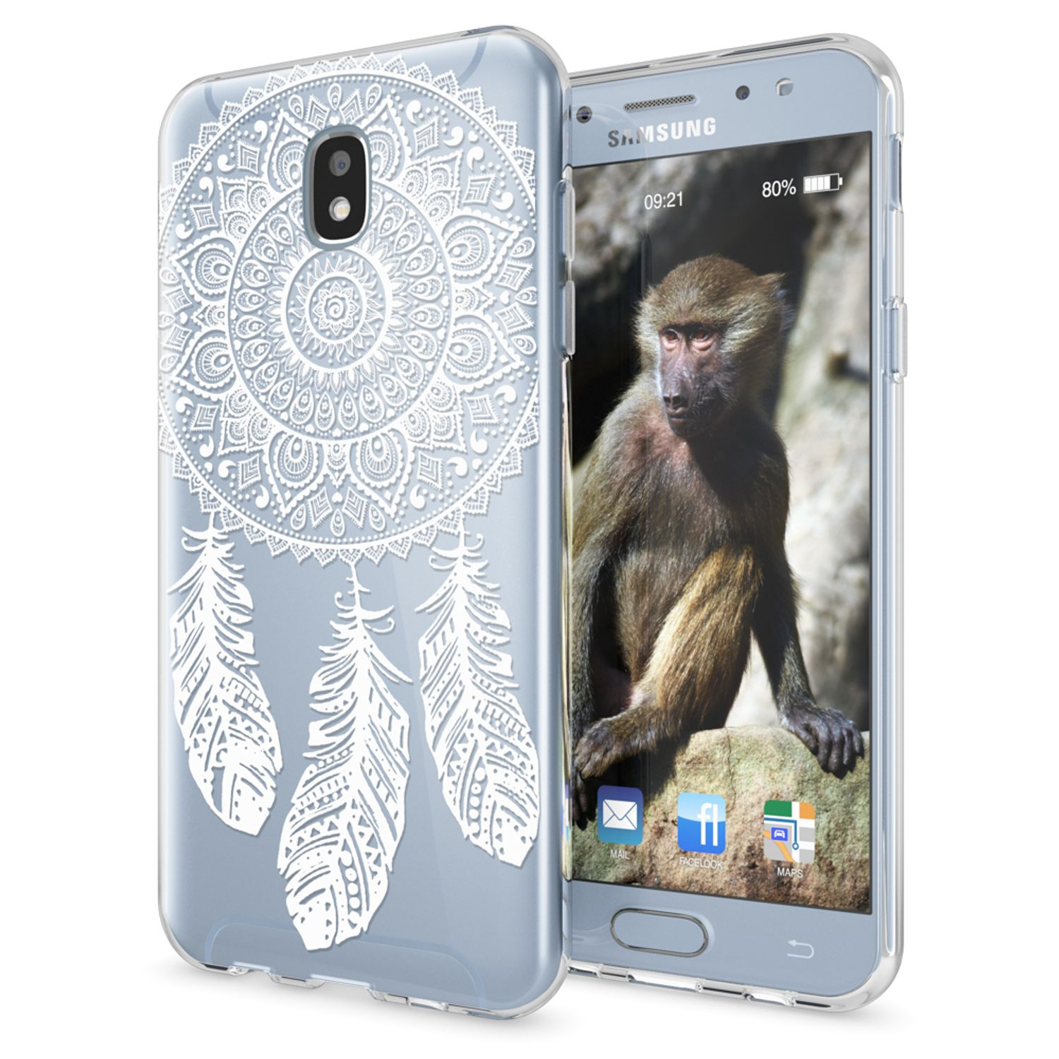 Handyhülle mit Mandala und Federn neben einem Telefon mit Affenbild auf dem Bildschirm.