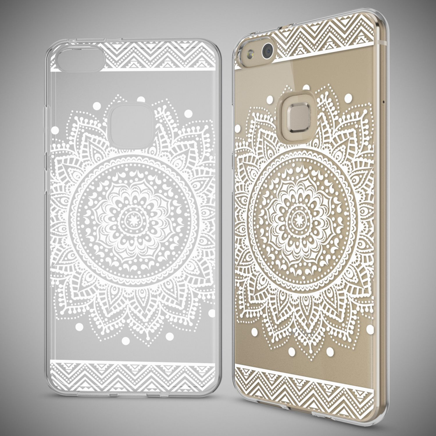 Fundas transparentes con patrones de mandala blancos, una en el teléfono y otra por separado.