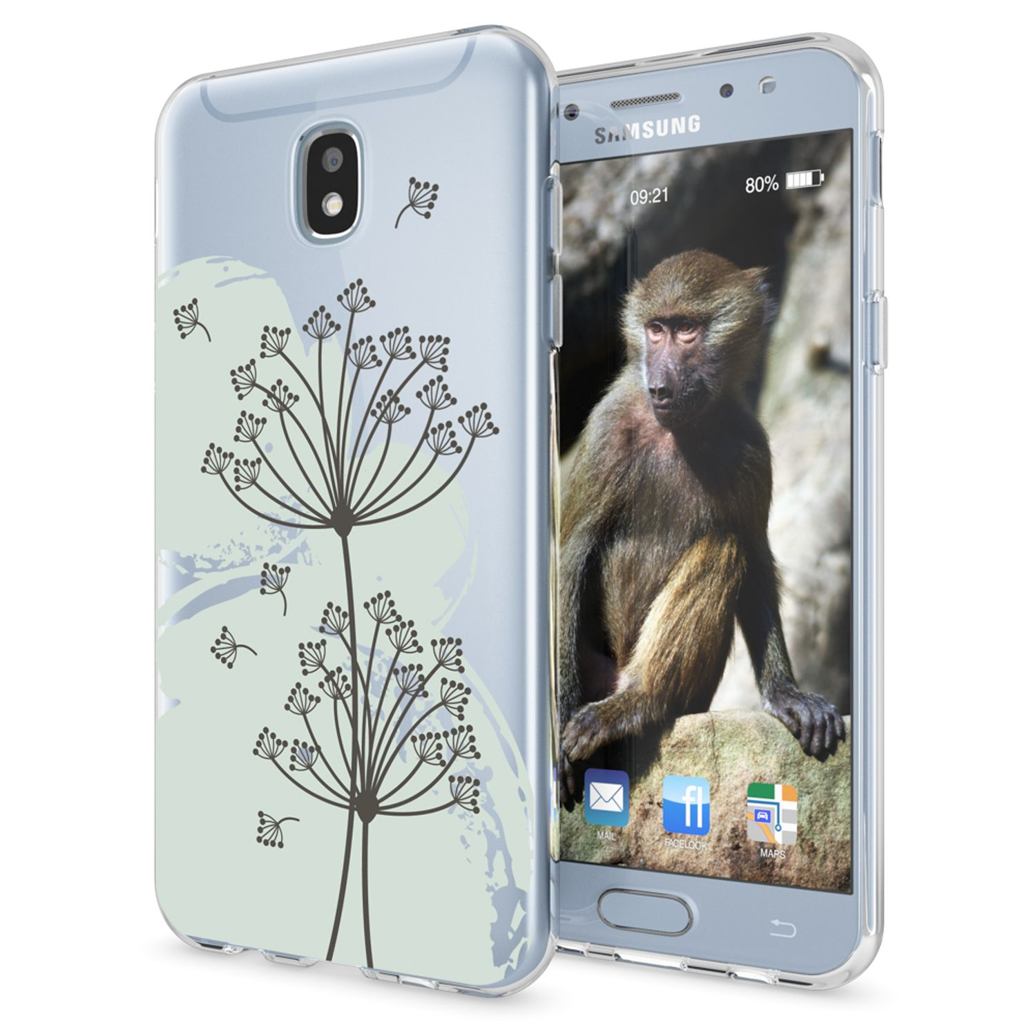 Transparente Handyhülle mit Blumenmuster und einem Telefon darin. Ein Affe ist auf dem Telefonbildschirm zu sehen.