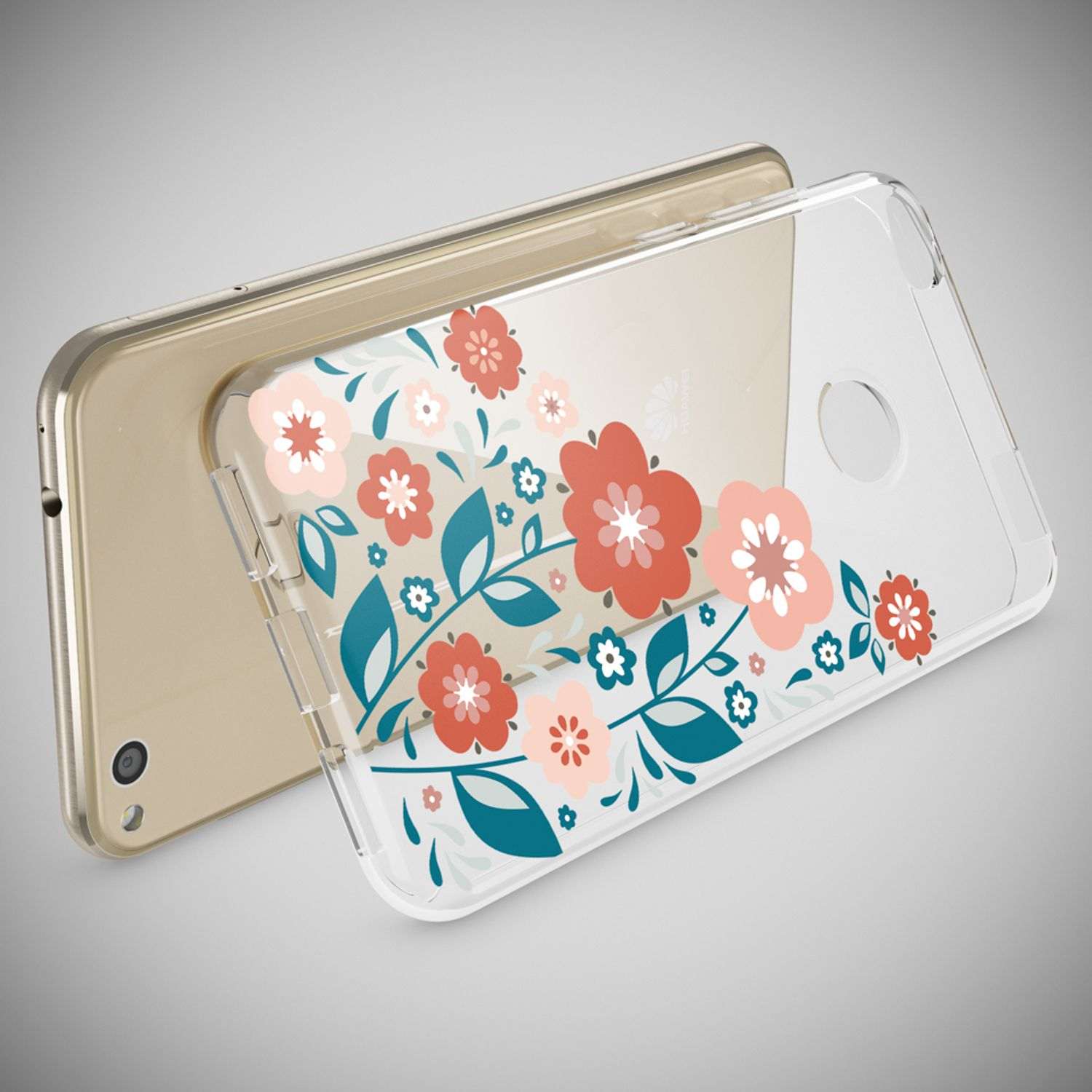 Transparente Handyhülle mit floralem Design auf einem goldenen Telefon. Der Hintergrund ist grau.