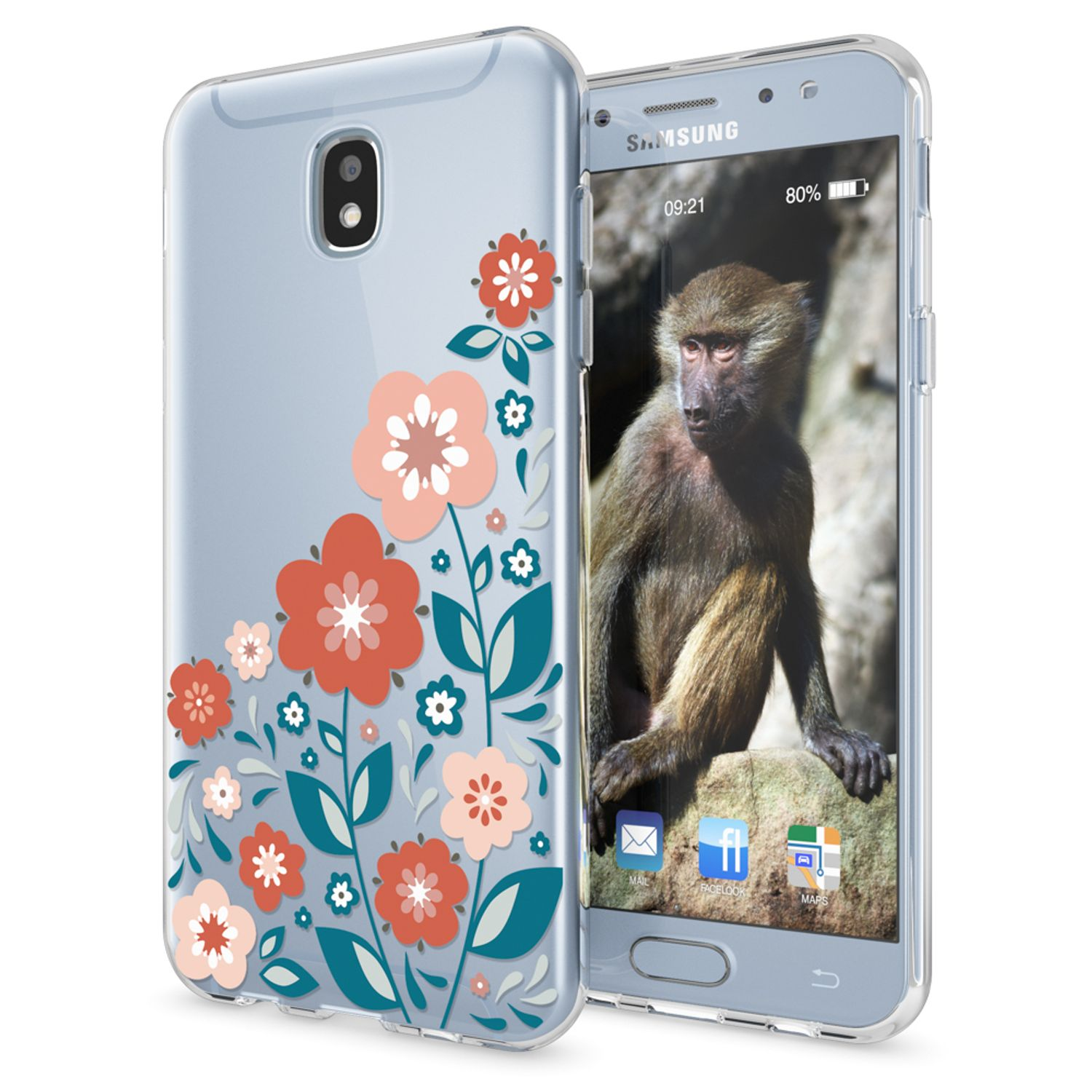 Telefon mit floralem Gehäuse und einem Affen auf dem Bildschirm.