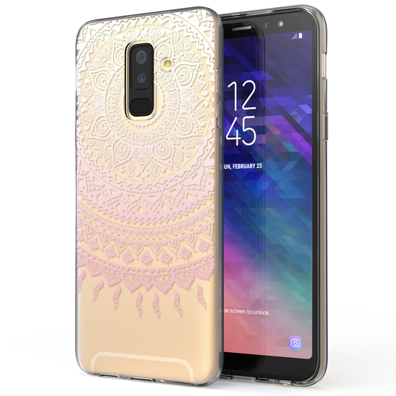 Telefon in einer durchsichtigen Hülle. Die Hülle hat ein rosa-goldenes Mandala-Design.