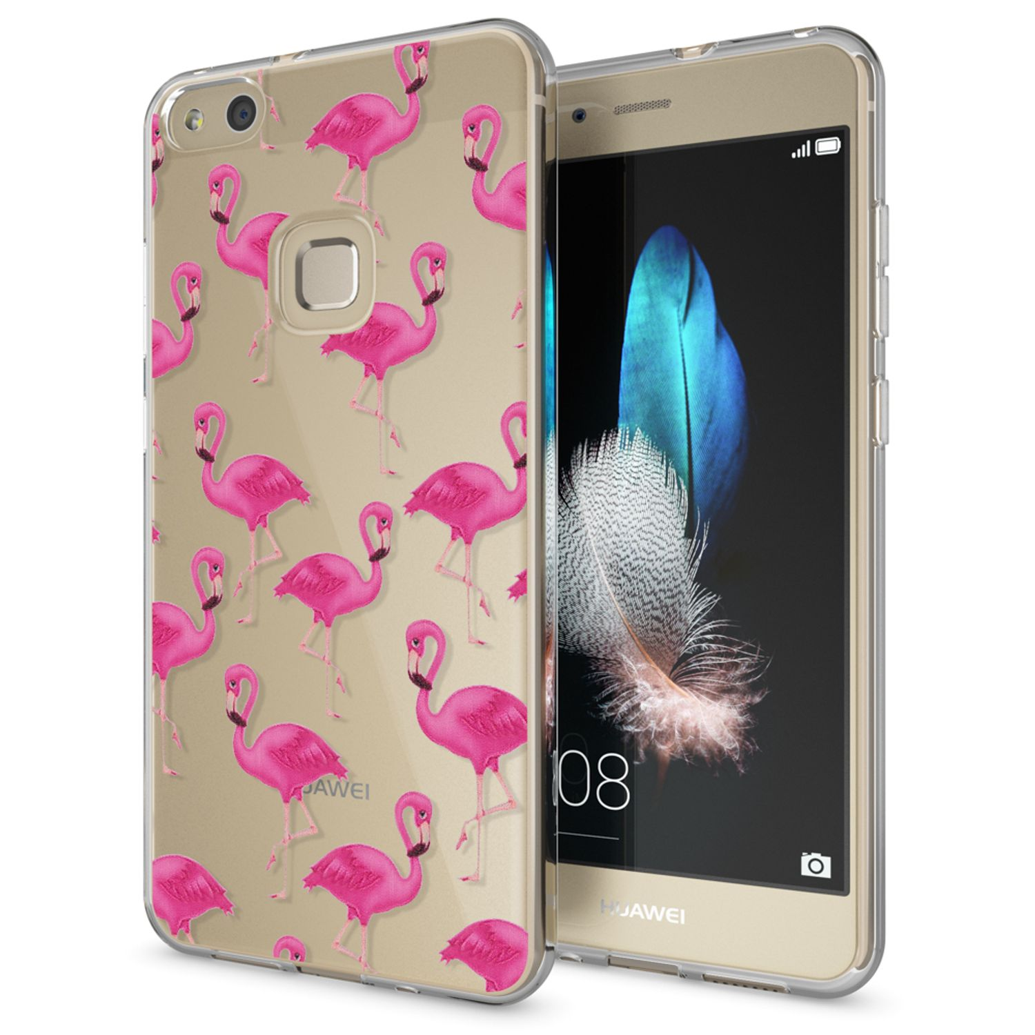 Handyhülle mit Flamingomuster. Ein Telefon ist darin mit einem Federbild auf dem Bildschirm.