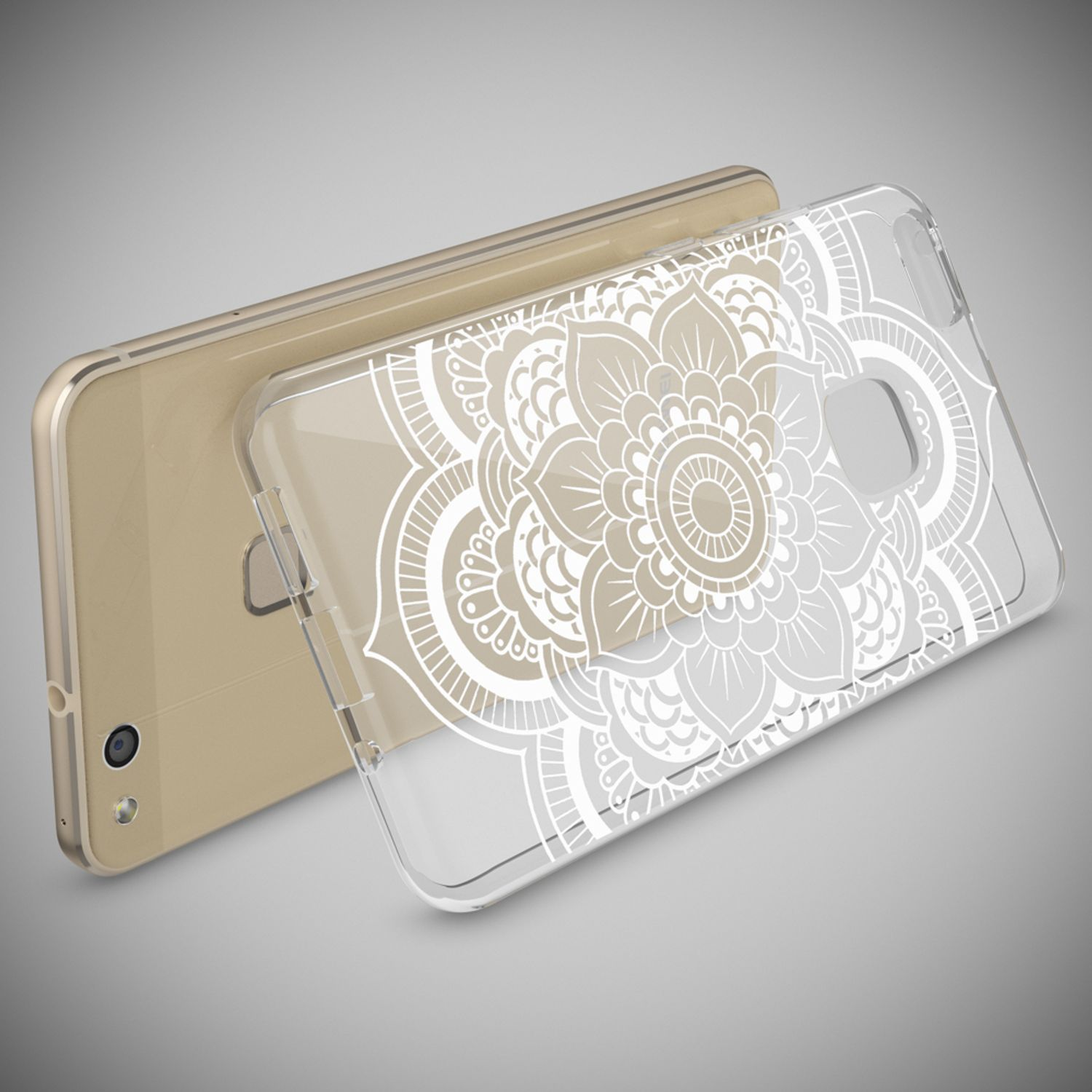 Funda transparente para teléfono con diseño de mandala blanco. El teléfono es dorado. Fondo gris.