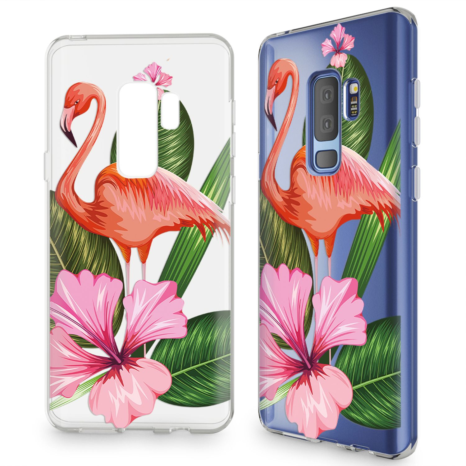Zwei Handyhüllen mit Flamingo- und Blumenmuster.