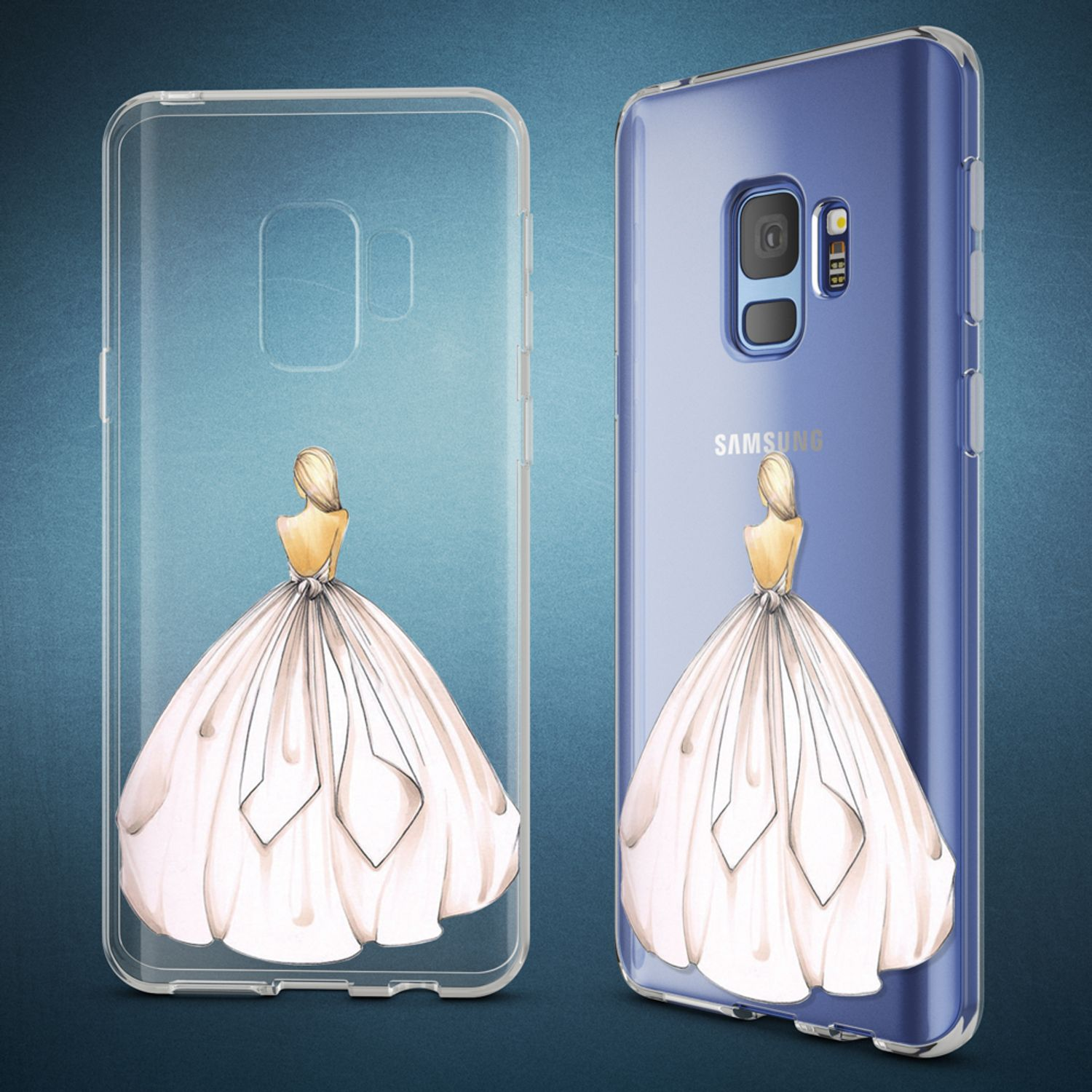 Zwei Handyhüllen mit einer Illustration einer Frau in einem Kleid darauf. Eine Hülle ist transparent.