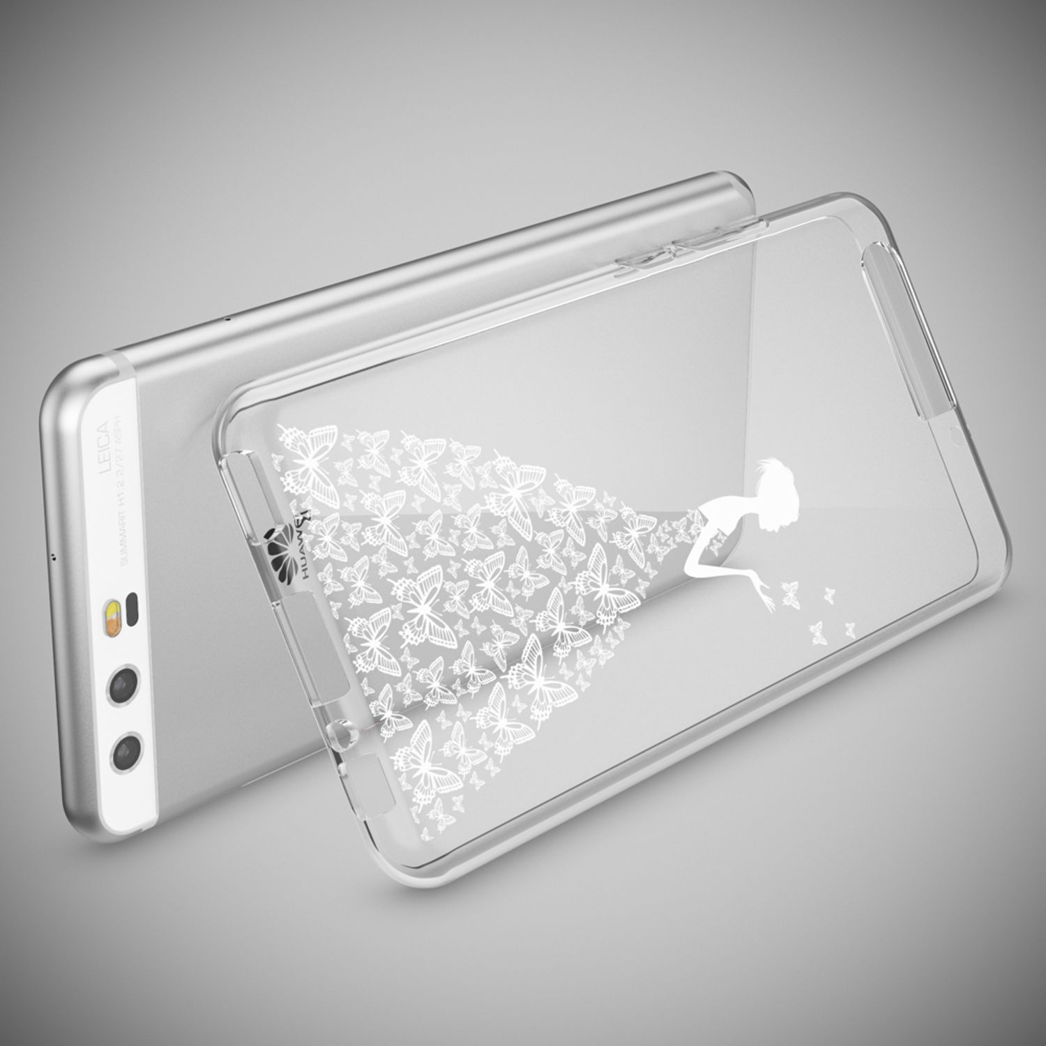 Coque de téléphone transparente sur téléphone argenté. Conception de papillons blancs et d'une fille. Fond gris.