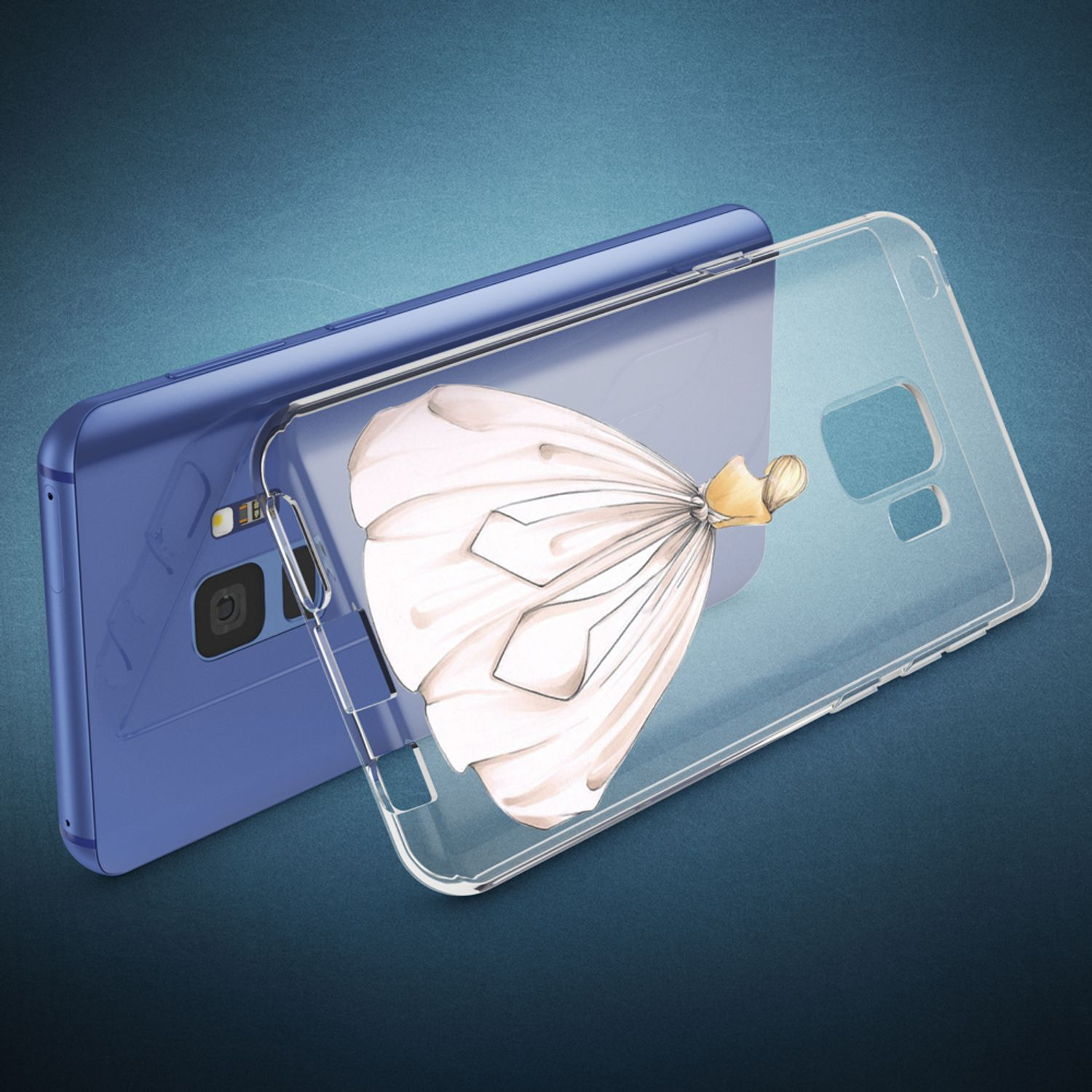 Ein blaues Telefon mit transparentem Gehäuse. Auf der Hülle befindet sich eine Kleidillustration. Das Telefon steht auf blauem Grund.