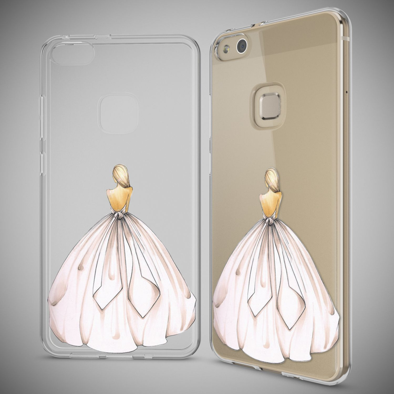 Dos fundas de teléfono con diseño de vestido. Una es transparente, la otra tiene la parte trasera dorada. Ambas muestran un dibujo de una mujer con un vestido.