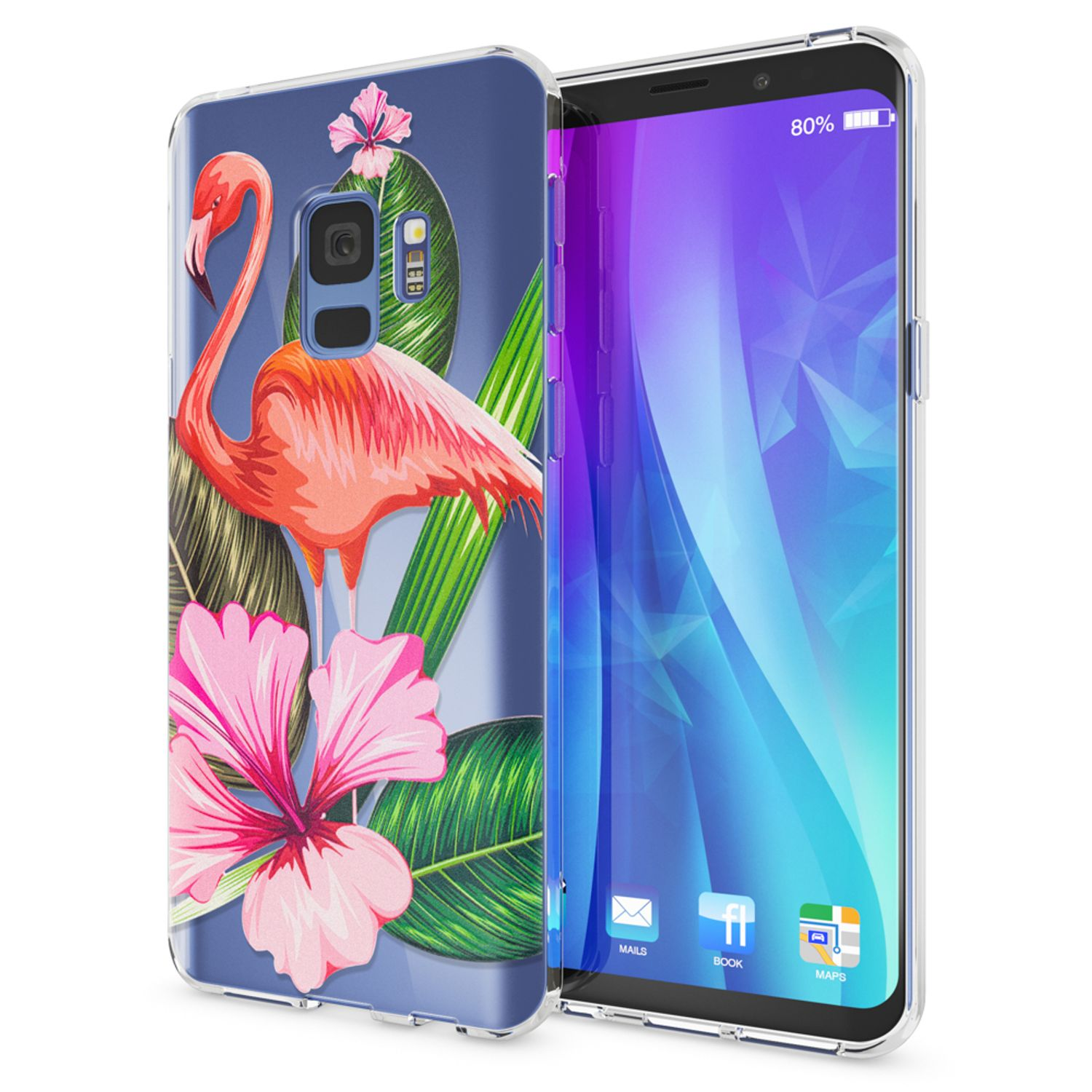 Ein Telefon in einer transparenten Hülle mit Flamingo- und Blumendesign. Der Bildschirm zeigt eine helle Anzeige.