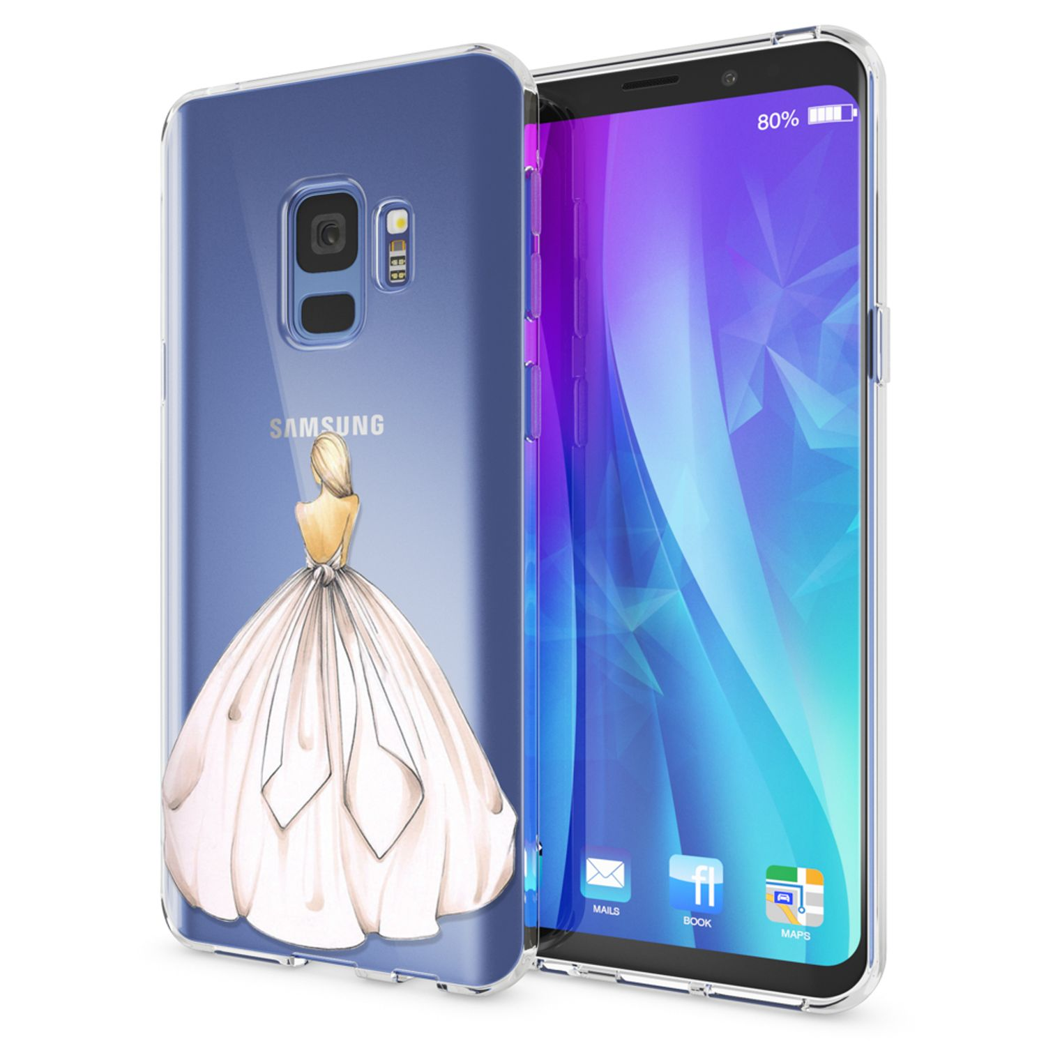 Transparente Handyhülle mit Zeichnung einer Frau im Kleid links. Display zeigt blauen Hintergrund.