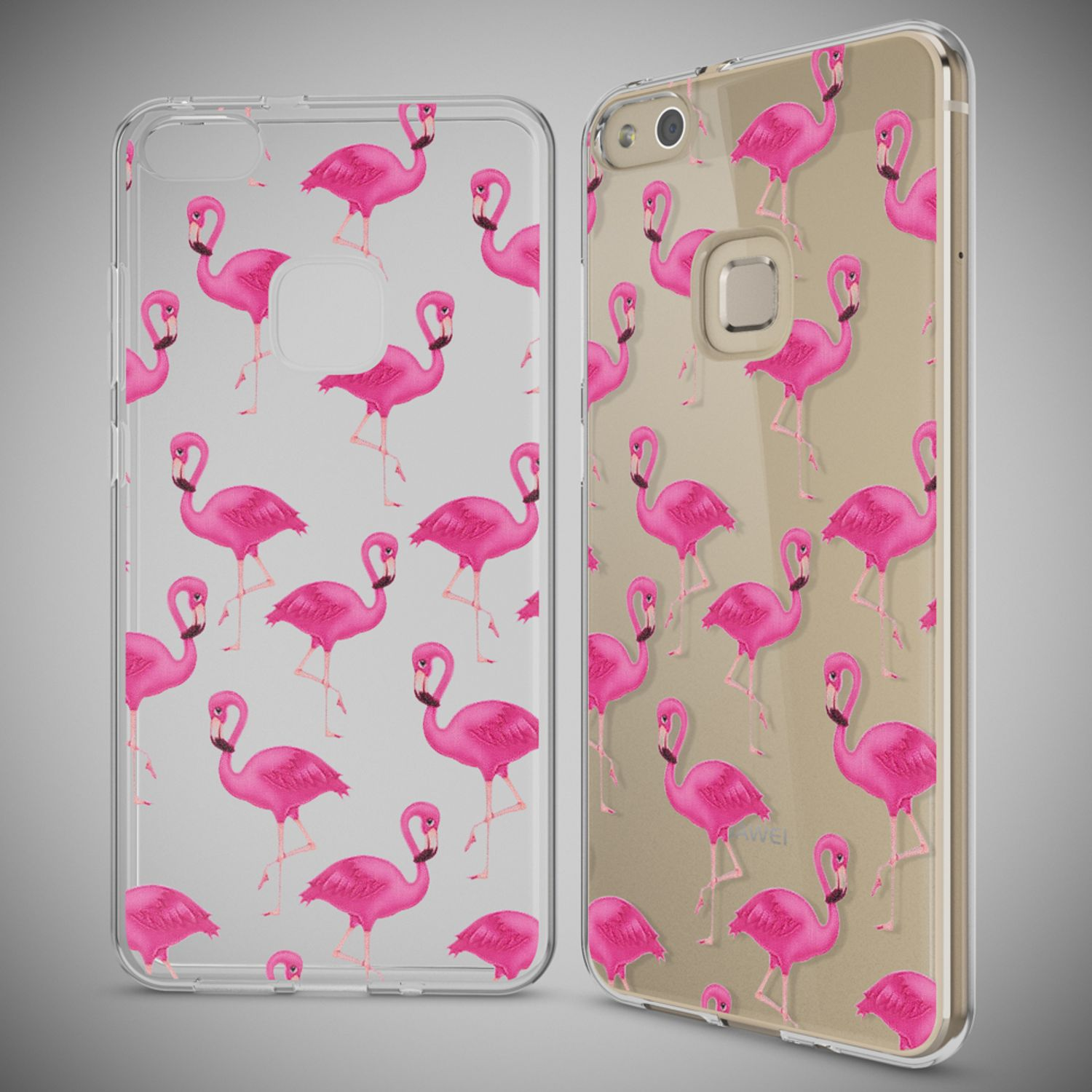 Zwei Handyhüllen mit rosa Flamingo-Mustern. Sie befinden sich auf grauem Hintergrund, die Hülle ist durchscheinend.