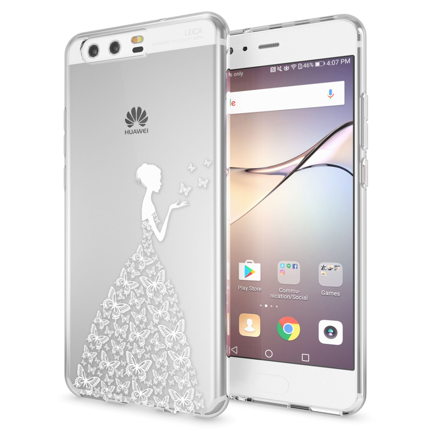 Klare Handyhülle auf einem Huawei-Telefon, mit einer Silhouette einer Frau und Schmetterlingen.
