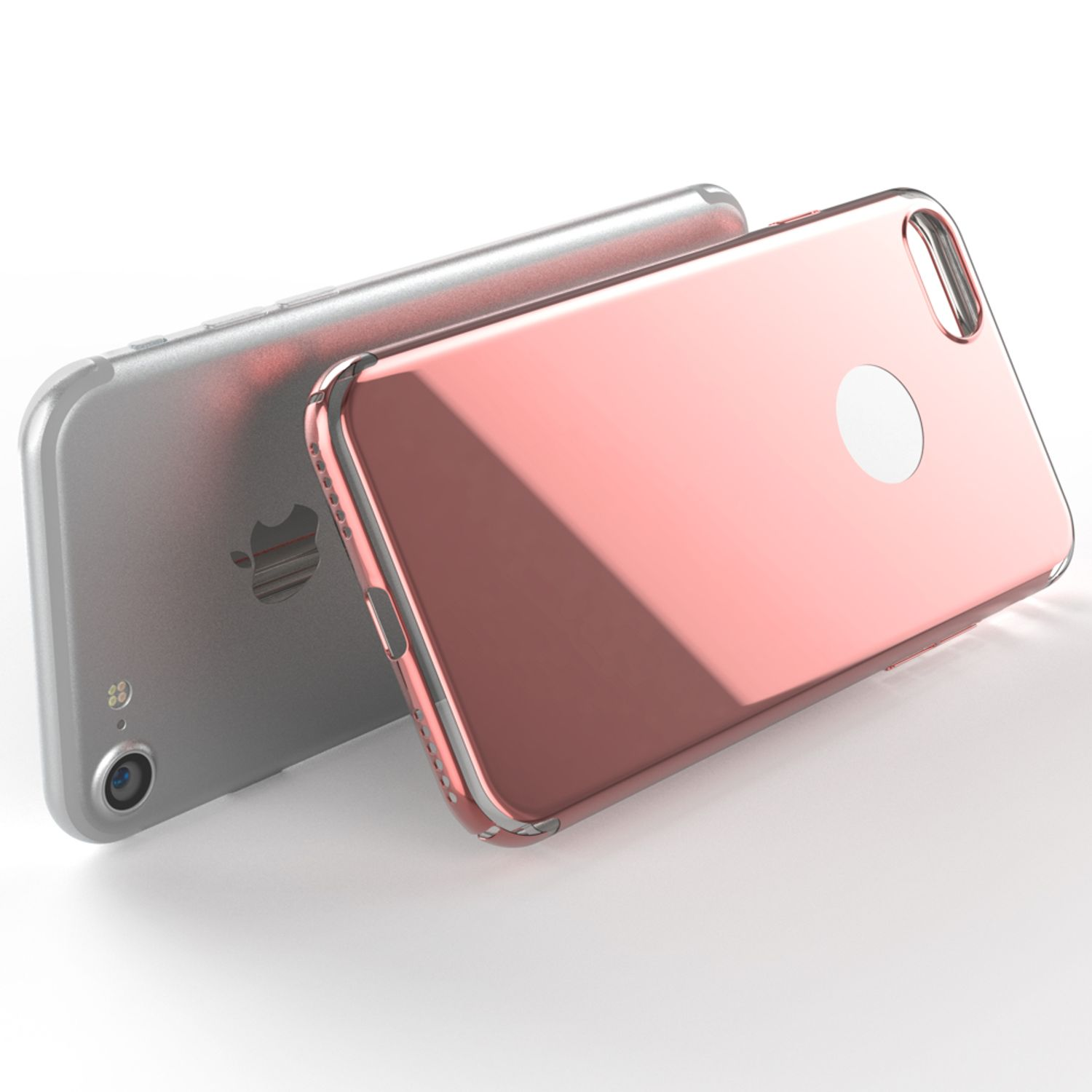 Zwei Telefone mit Hüllen, eines silberfarben, eines roségoldfarben. Die Handyhüllen haben ein metallisches Finish.