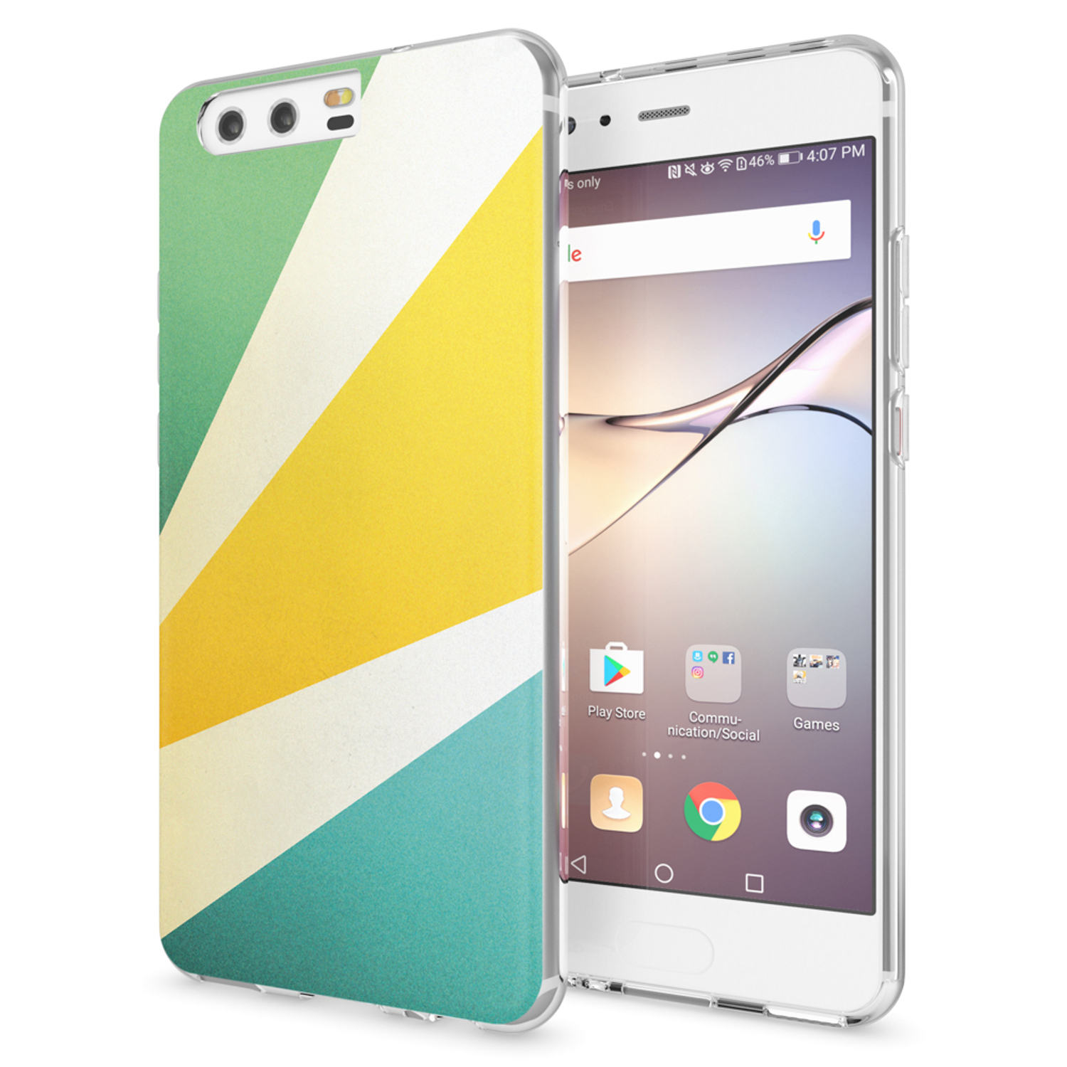 Handyhülle mit farbenfrohem, abstraktem Design auf einem weißen Telefon.