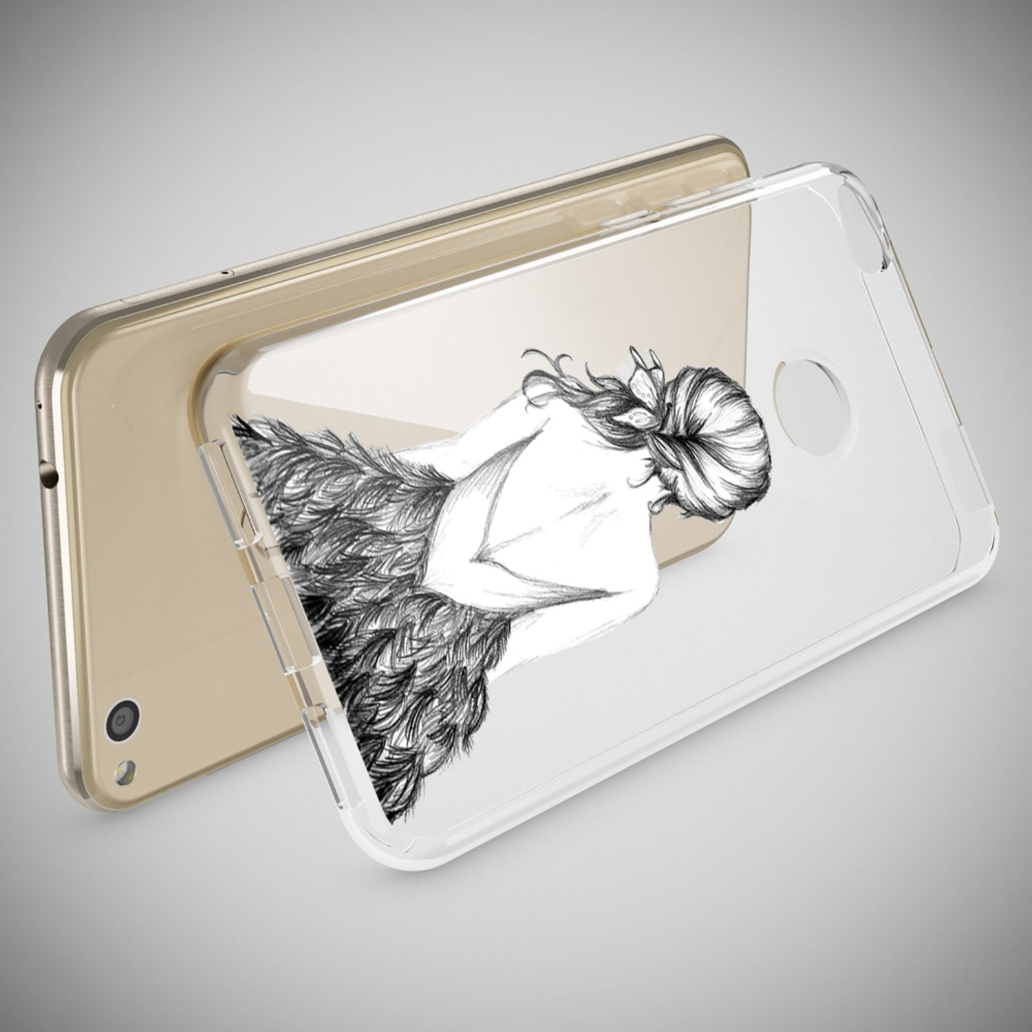 Ein Telefon mit einer transparenten Hülle, mit einer Schwarz-Weiß-Zeichnung einer Frau.