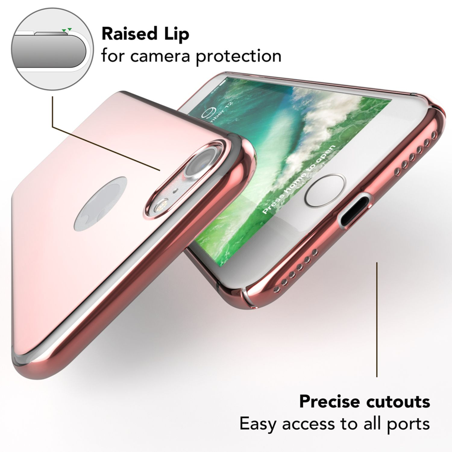 Roségoldenes Telefon in einer roségoldenen Hülle, mit Nahaufnahme des Bildschirms und Hüllendetails.