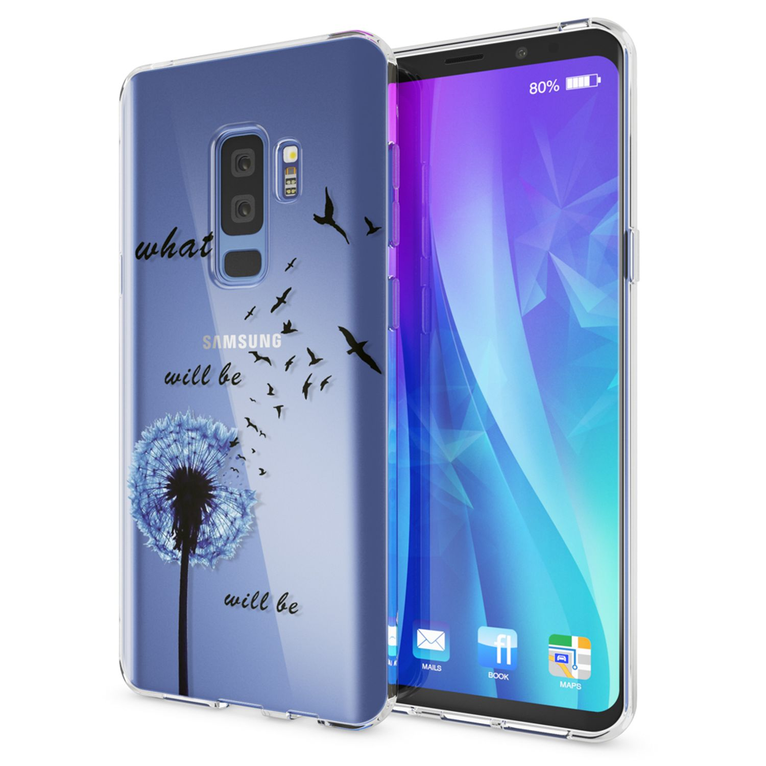 Transparente Handyhülle mit Pusteblumen-Design und den Worten what will be. Der Telefonbildschirm zeigt Symbole.