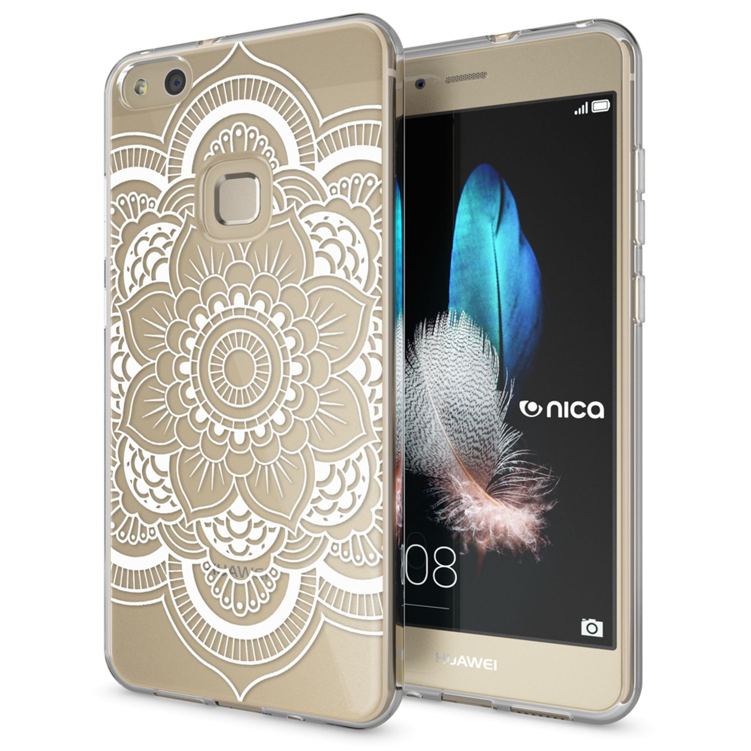 Funda dorada para teléfono con un patrón floral blanco, junto a un teléfono dorado con una pluma en la pantalla.