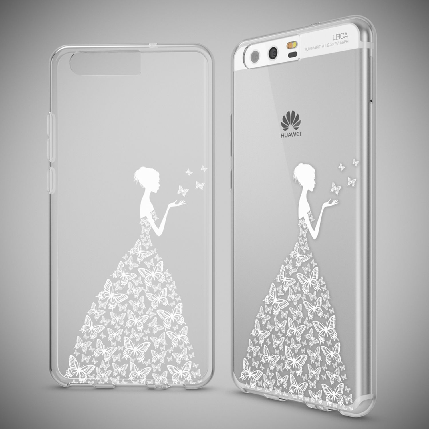 Zwei transparente Handyhüllen, eine auf einem Telefon, beide mit einer Frauensilhouette und Schmetterlingen.