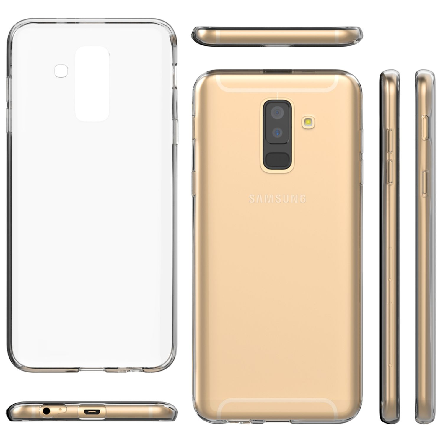Goldenes Telefon in durchsichtiger Hülle. Mehrere Winkel gezeigt. Durchsichtige Hülle umschließt das Design des Telefons.