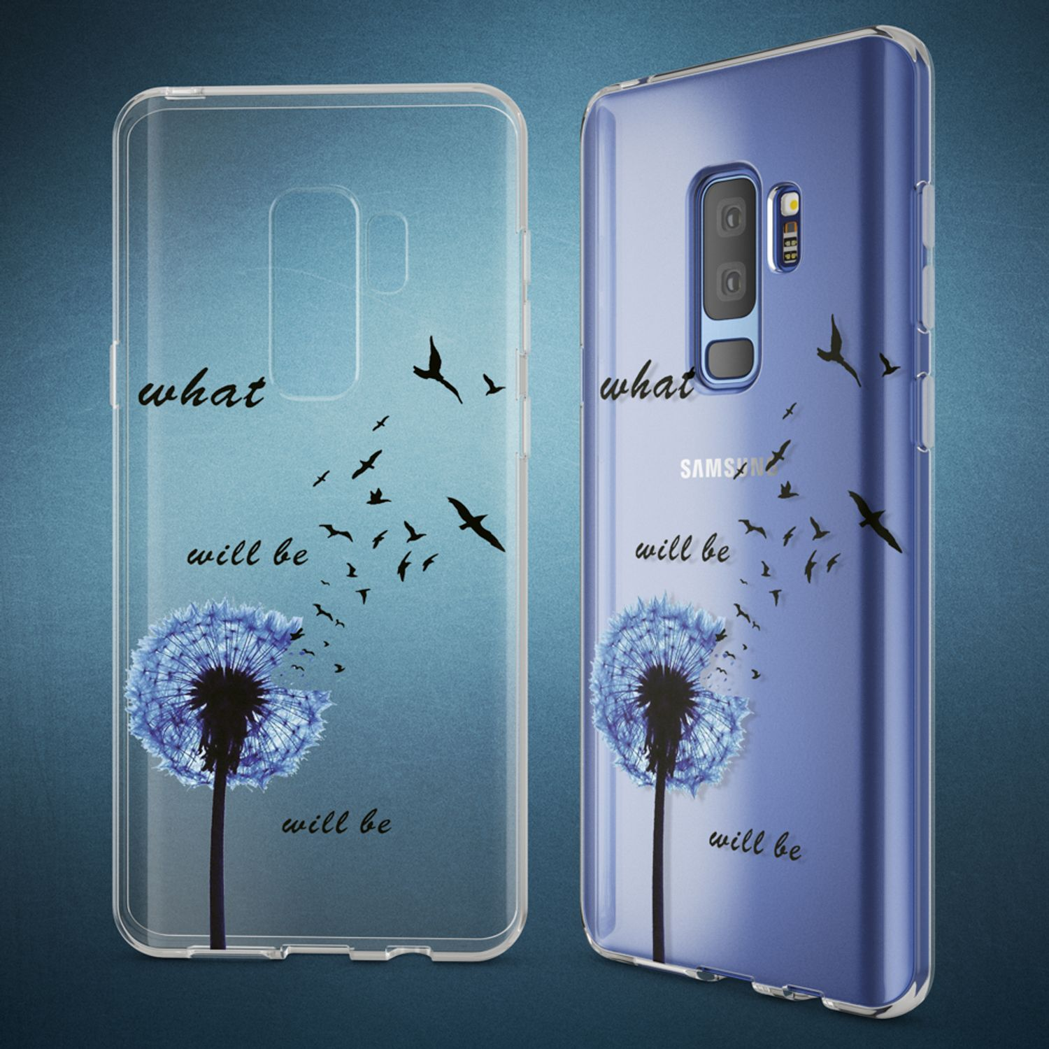 Transparente Handyhüllen mit Löwenzahnmotiv und den Worten 'what will be'.