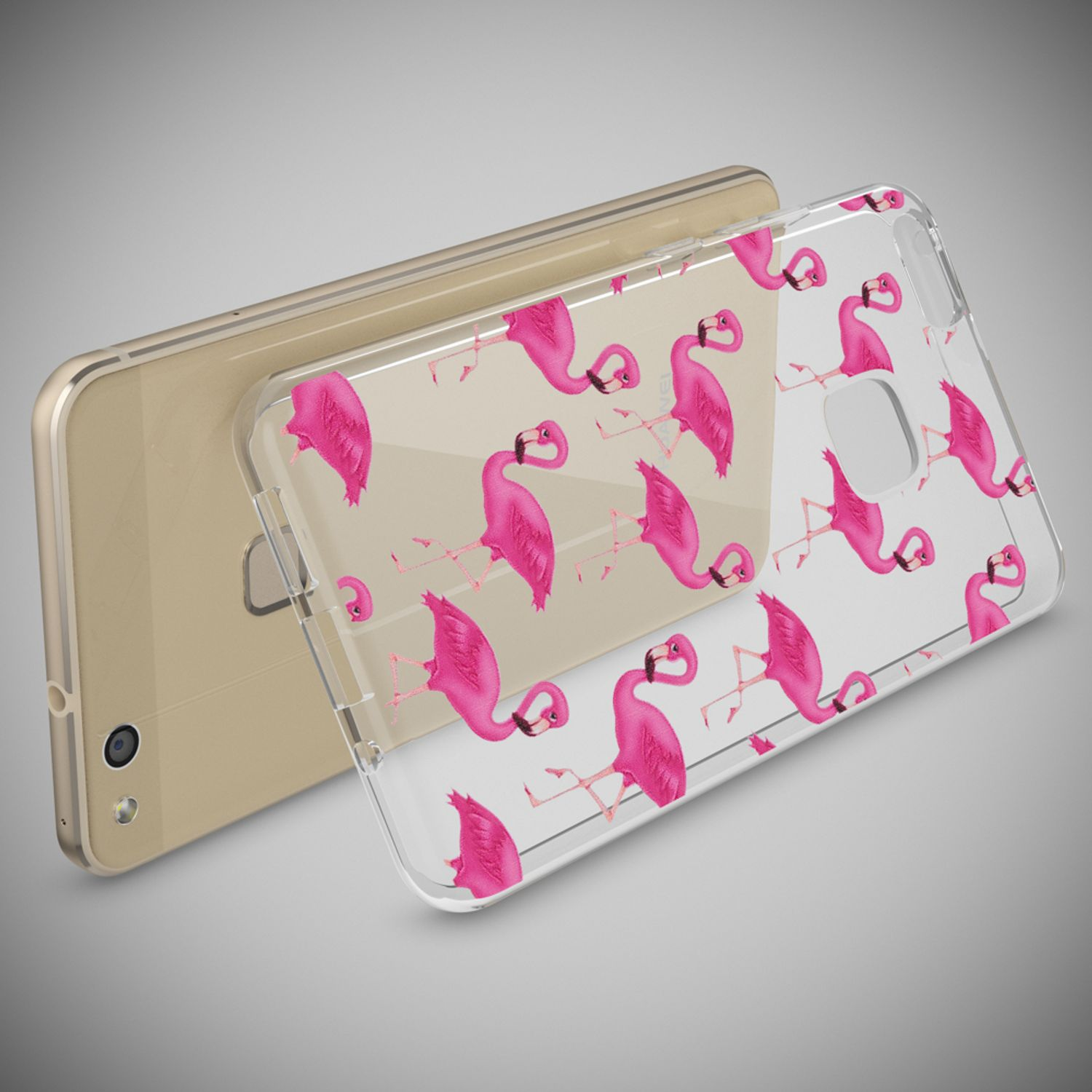 Eine transparente Handyhülle mit Flamingodesign, über einem goldenen Telefon.