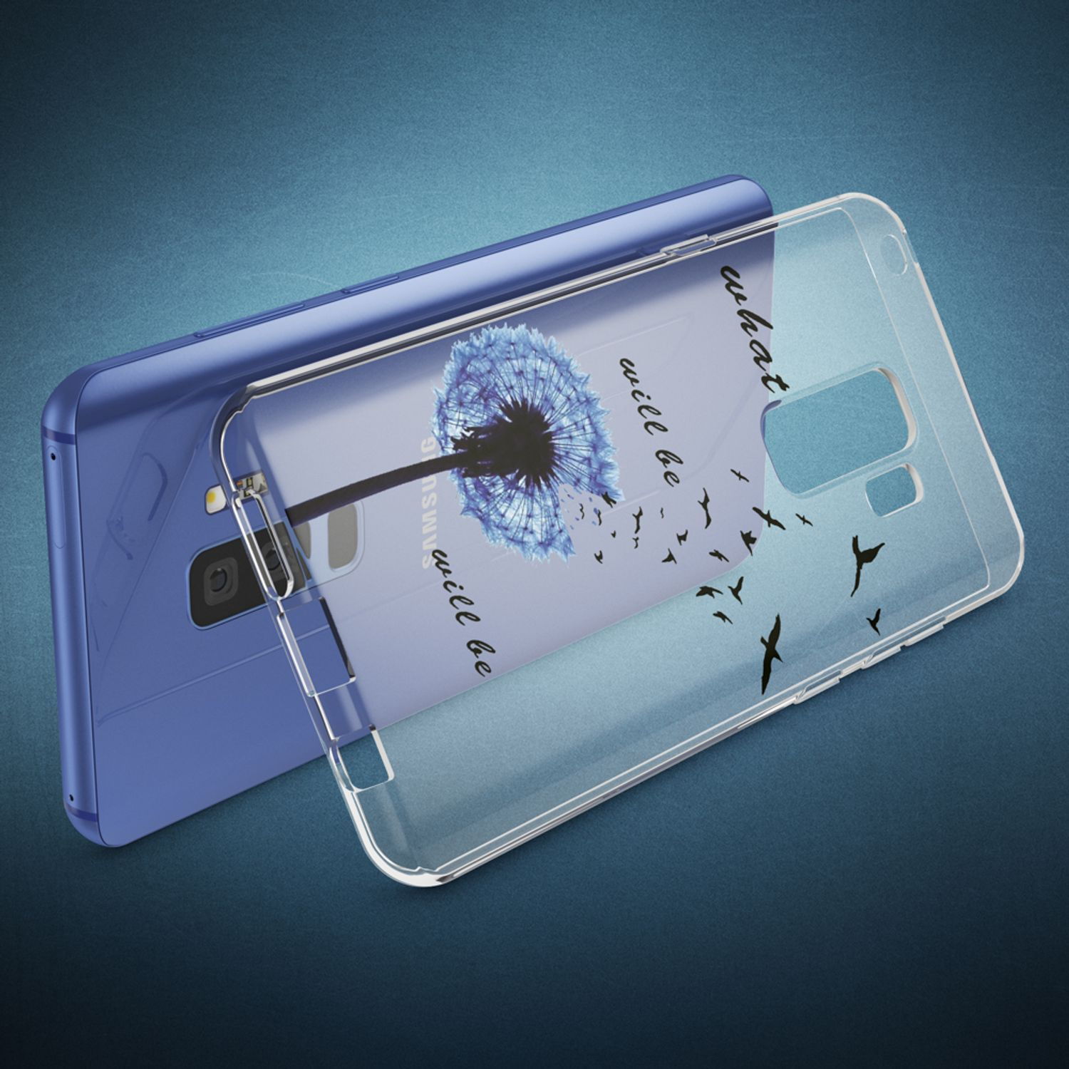 Ein Telefon in einer Hülle mit blauem Blumendesign mit Vögeln und einem Zitat.