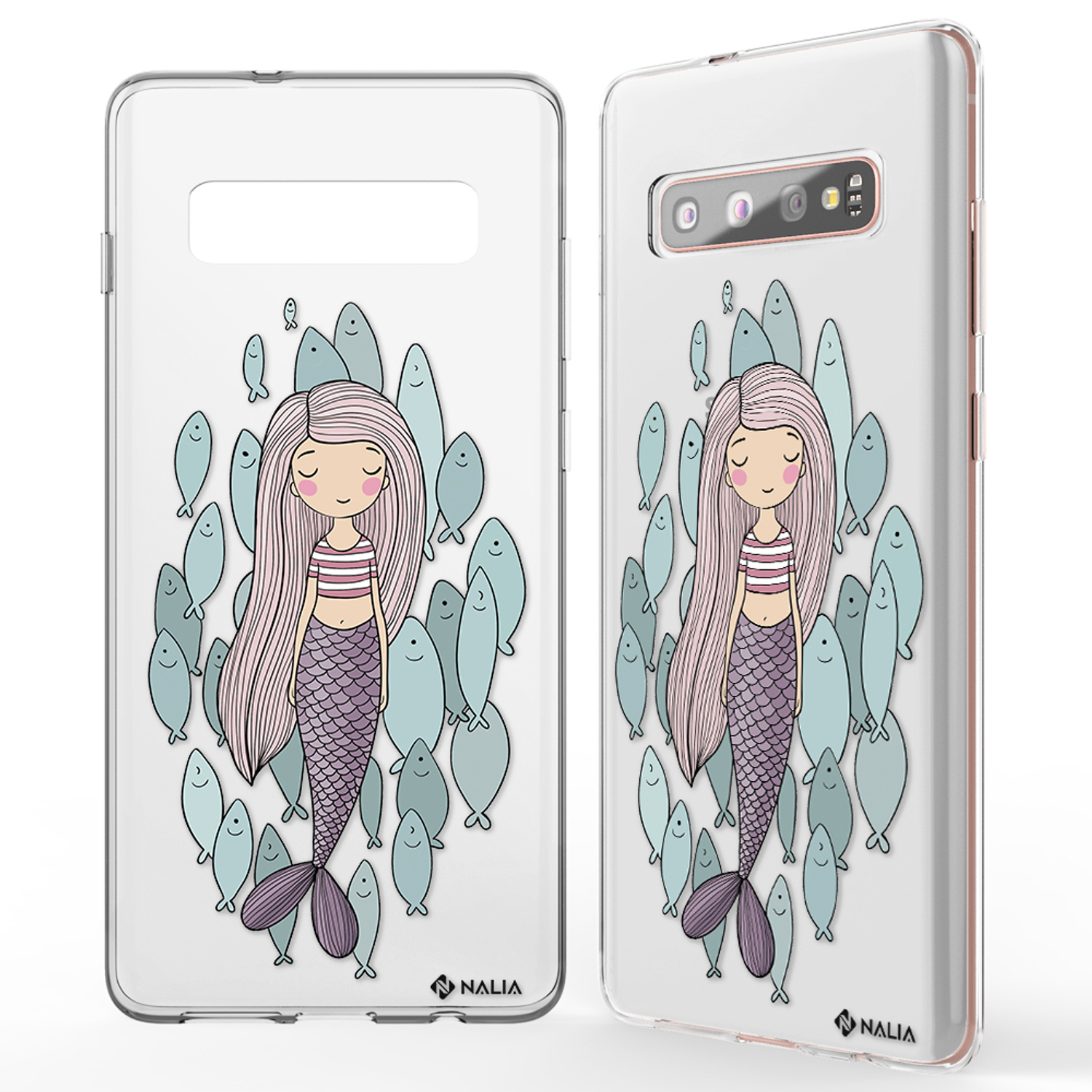 Handyhülle mit Meerjungfrau- und Fischdesign. Ein Telefon ist mit ähnlichem Design darin.