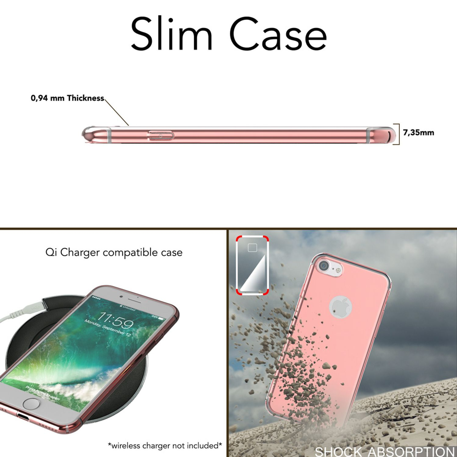 Rosa Handyhülle mit Telefon auf Ladegerät, schlankes Design.