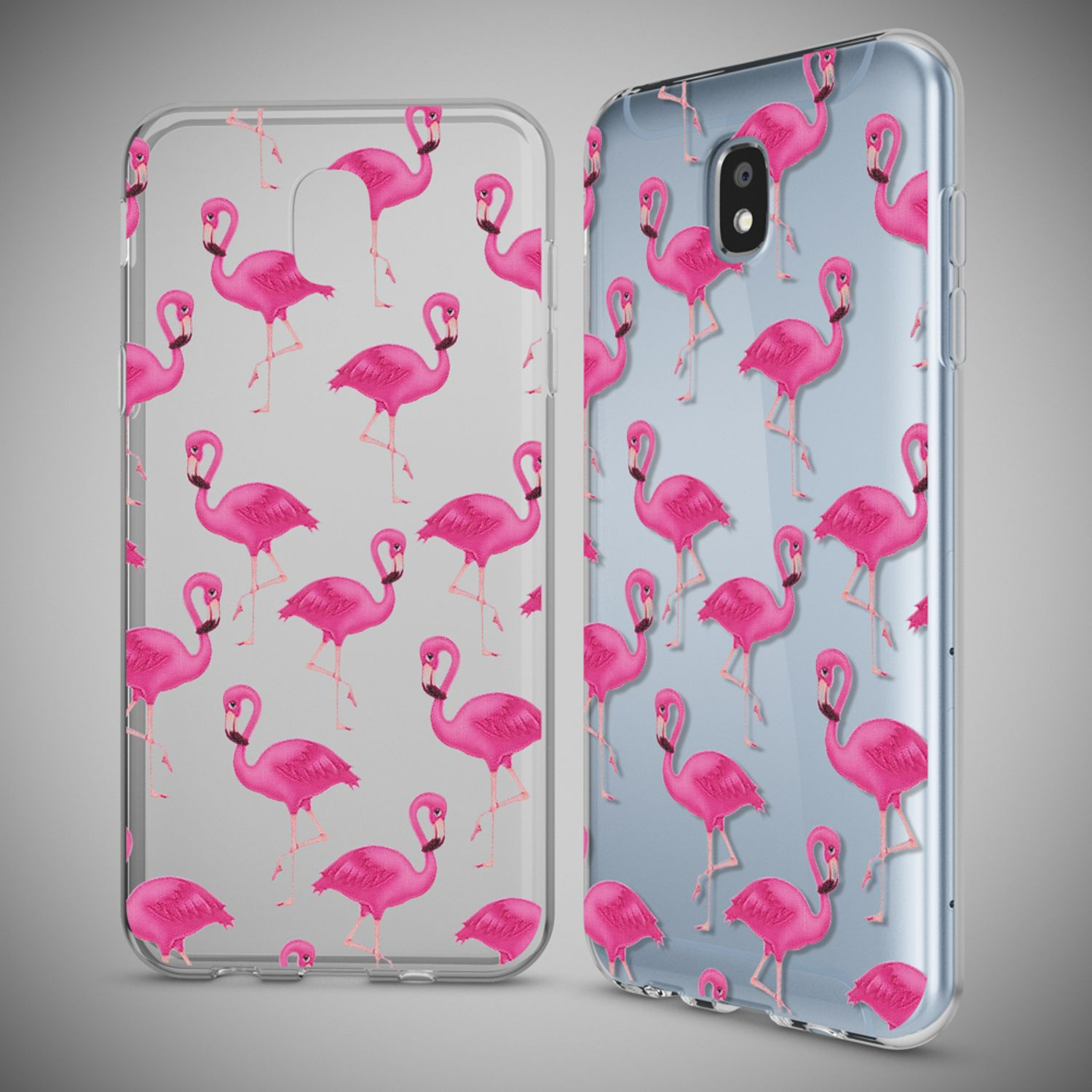 Zwei Handyhüllen mit rosa Flamingo-Mustern, eine auf einem Telefon und eine freistehend.