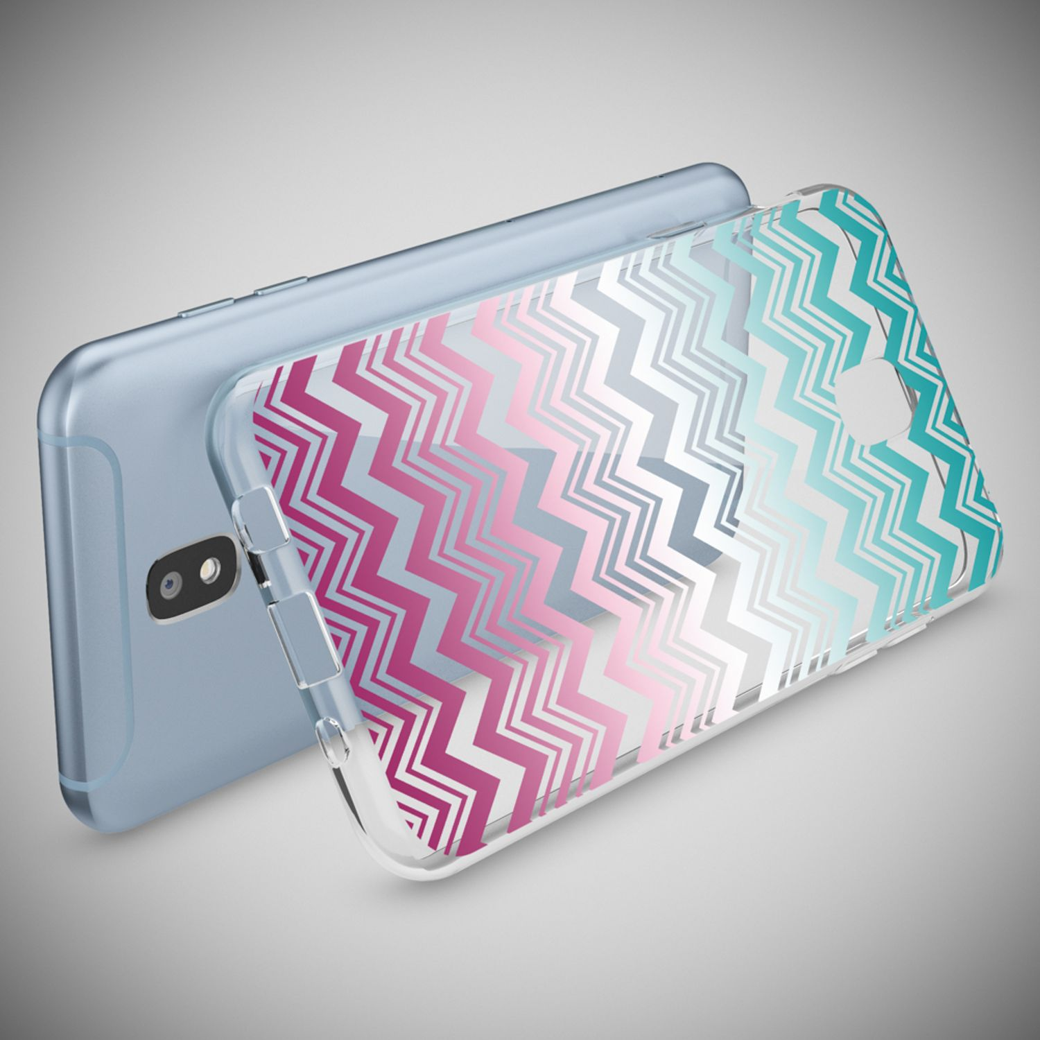 Blaues Telefon mit transparenter Hülle, mit einem Zickzackmuster in Rosa, Silber und Türkis.