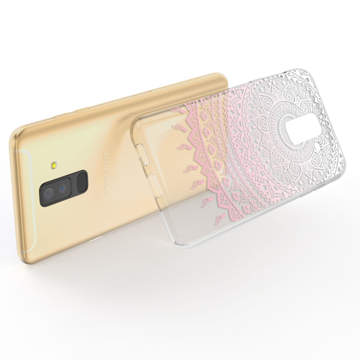 Goldenes Telefon mit transparenter Hülle mit rosa und weißem Blumendesign.