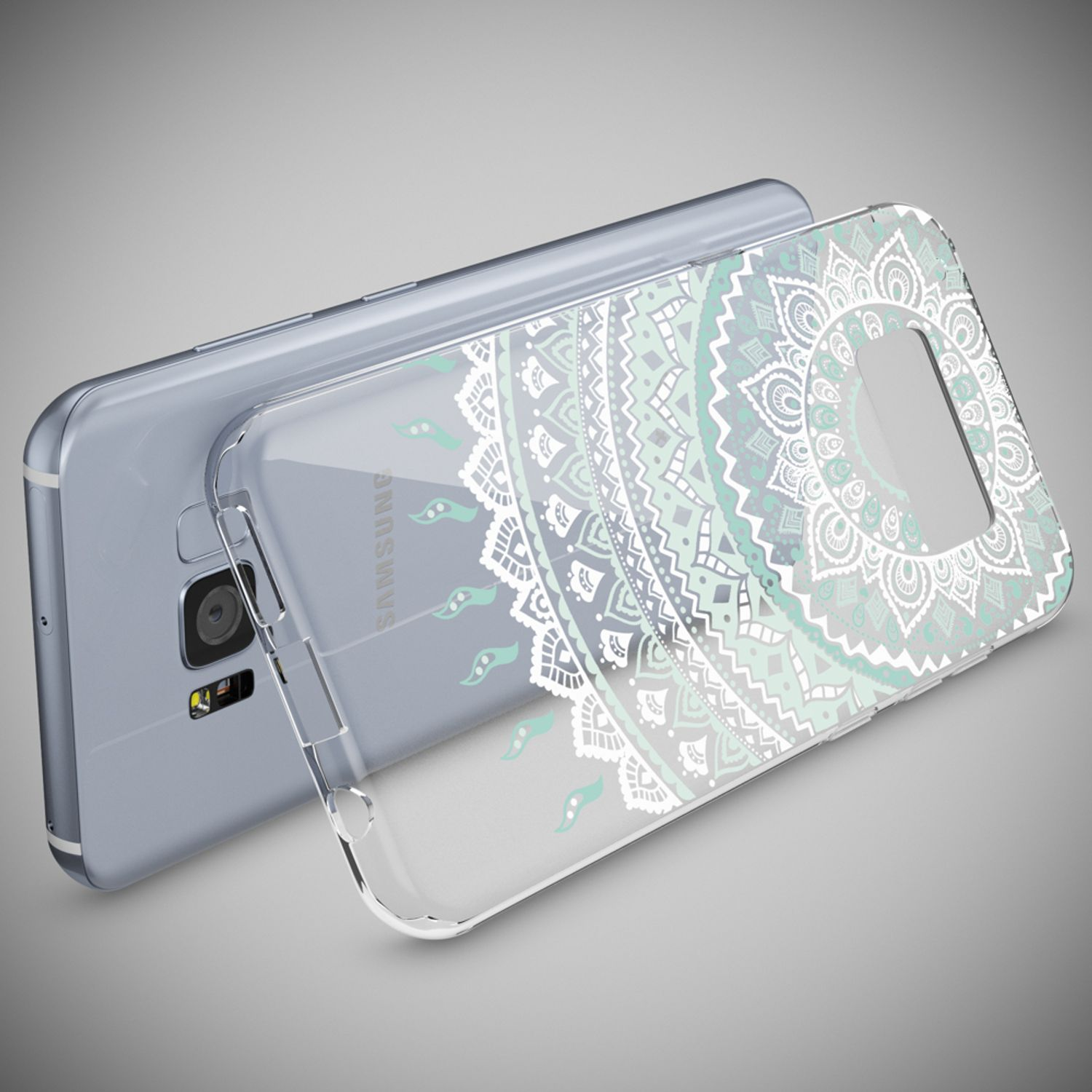 Ein Telefon in einer transparenten Hülle mit Mandalamuster vor grauem Hintergrund, zeigt das Samsung-Logo.