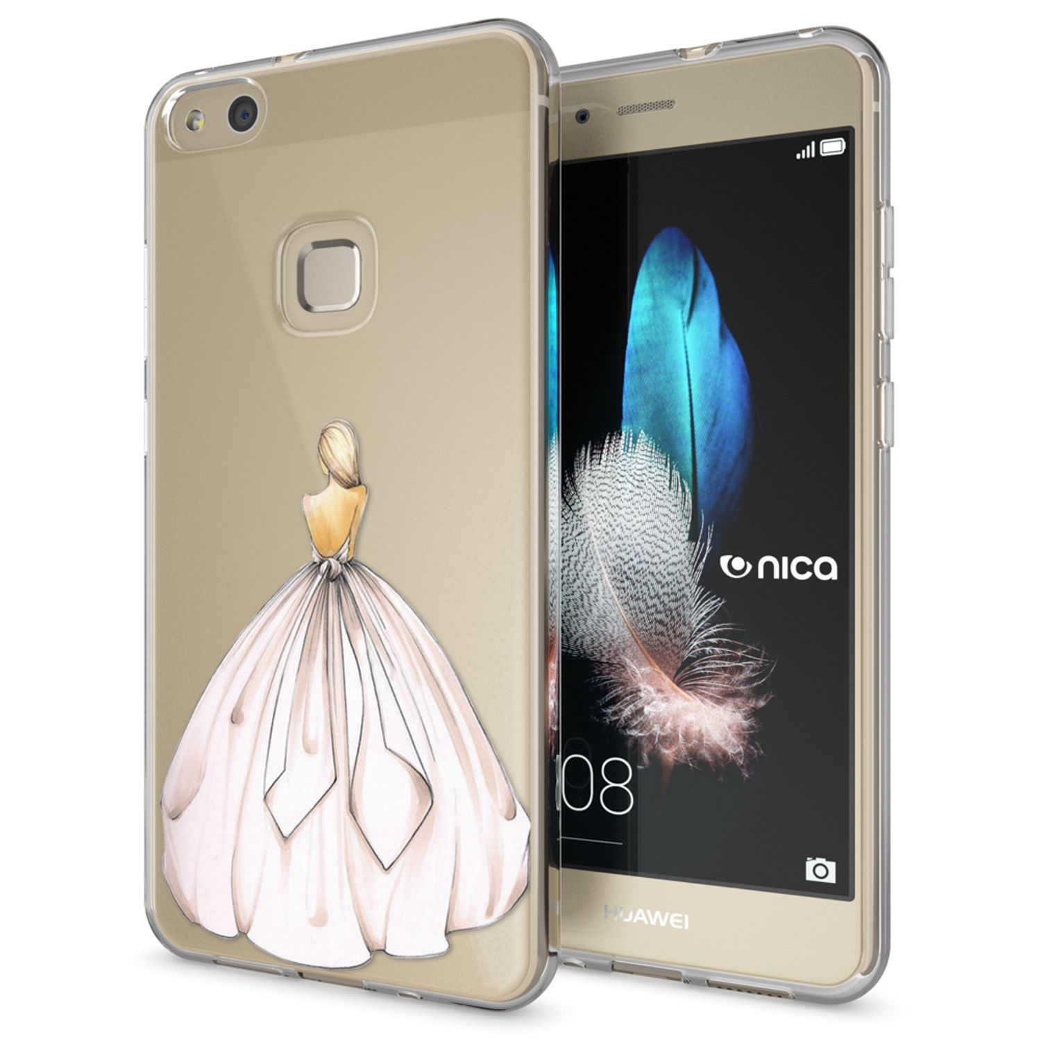 Teléfono con funda transparente con diseño de vestido. El fondo es blanco. El vestido es blanco y rosa.