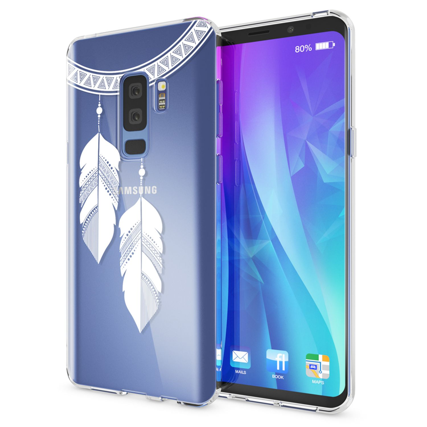 Handyhülle mit Federn und geometrischen Mustern auf einem Telefon.