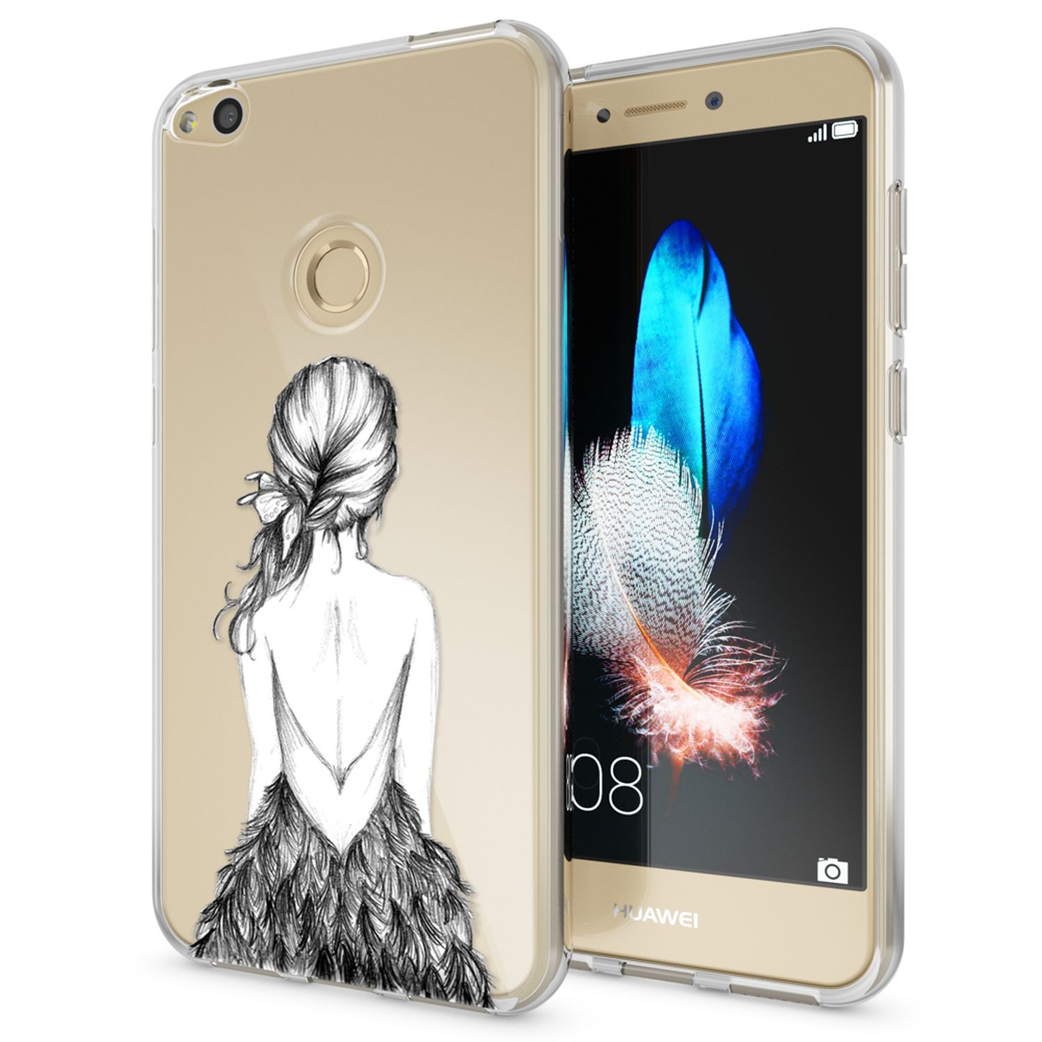 Telefon in einer transparenten Hülle. Eine Schwarz-Weiß-Skizze einer Frau mit Kleid ist sichtbar.